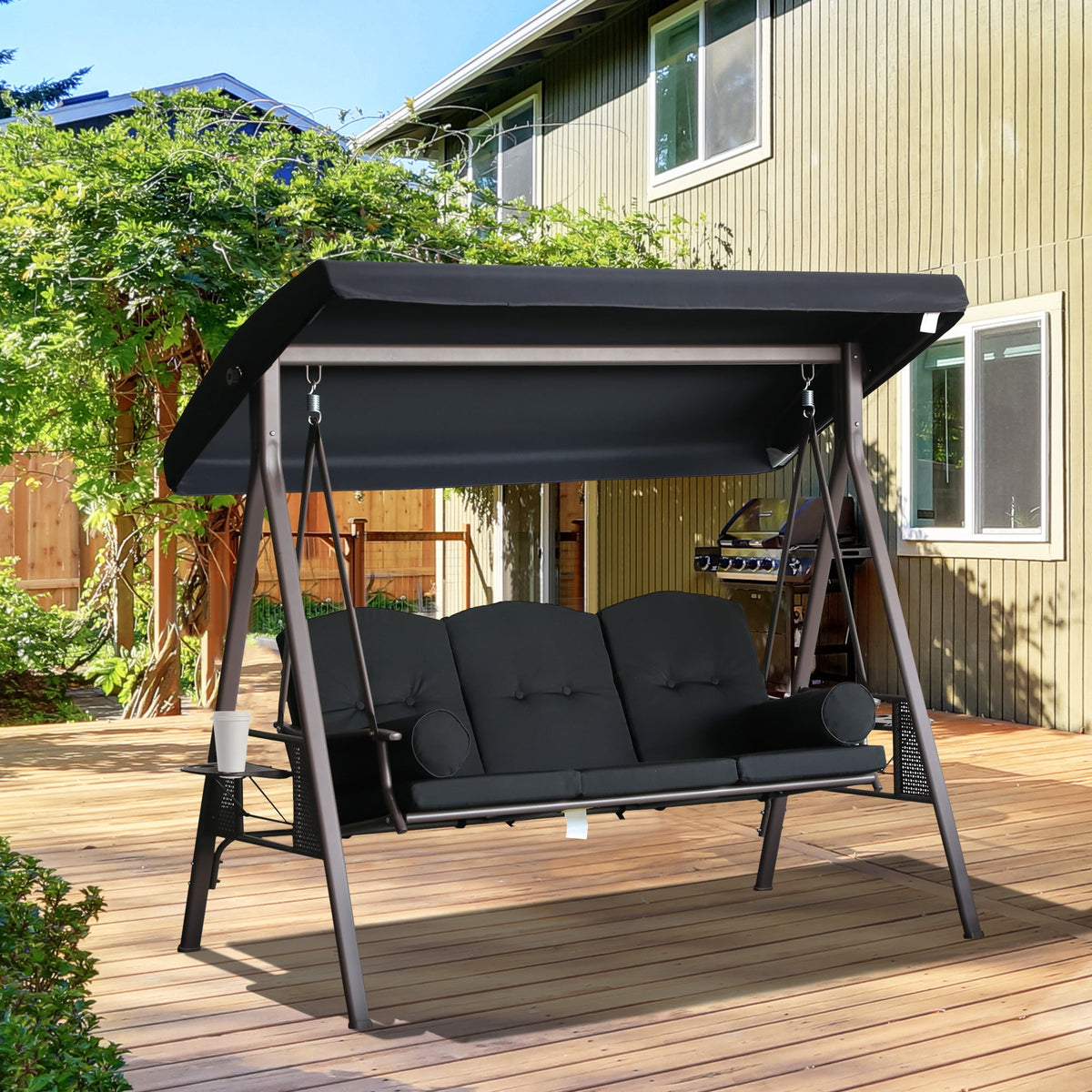 3-Seat Patio Swing Chair, Outdoor Porch Swing Glider with Adjustable Canopy, Removable Cushion, Black