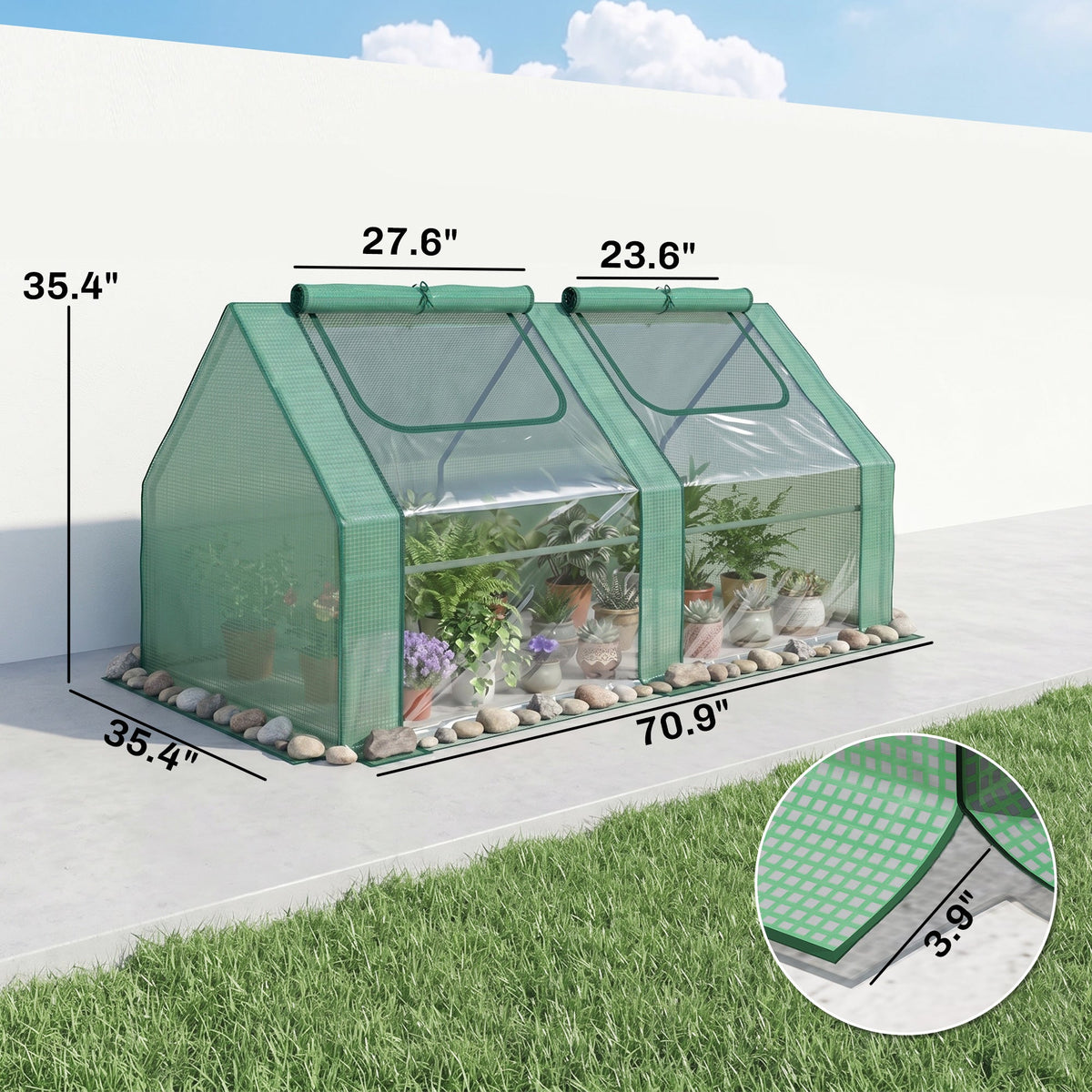 6' x 3' x 3' Portable Greenhouse, Garden Hot House with Two PE/PVC Covers and 2 Roll Up Windows, Green