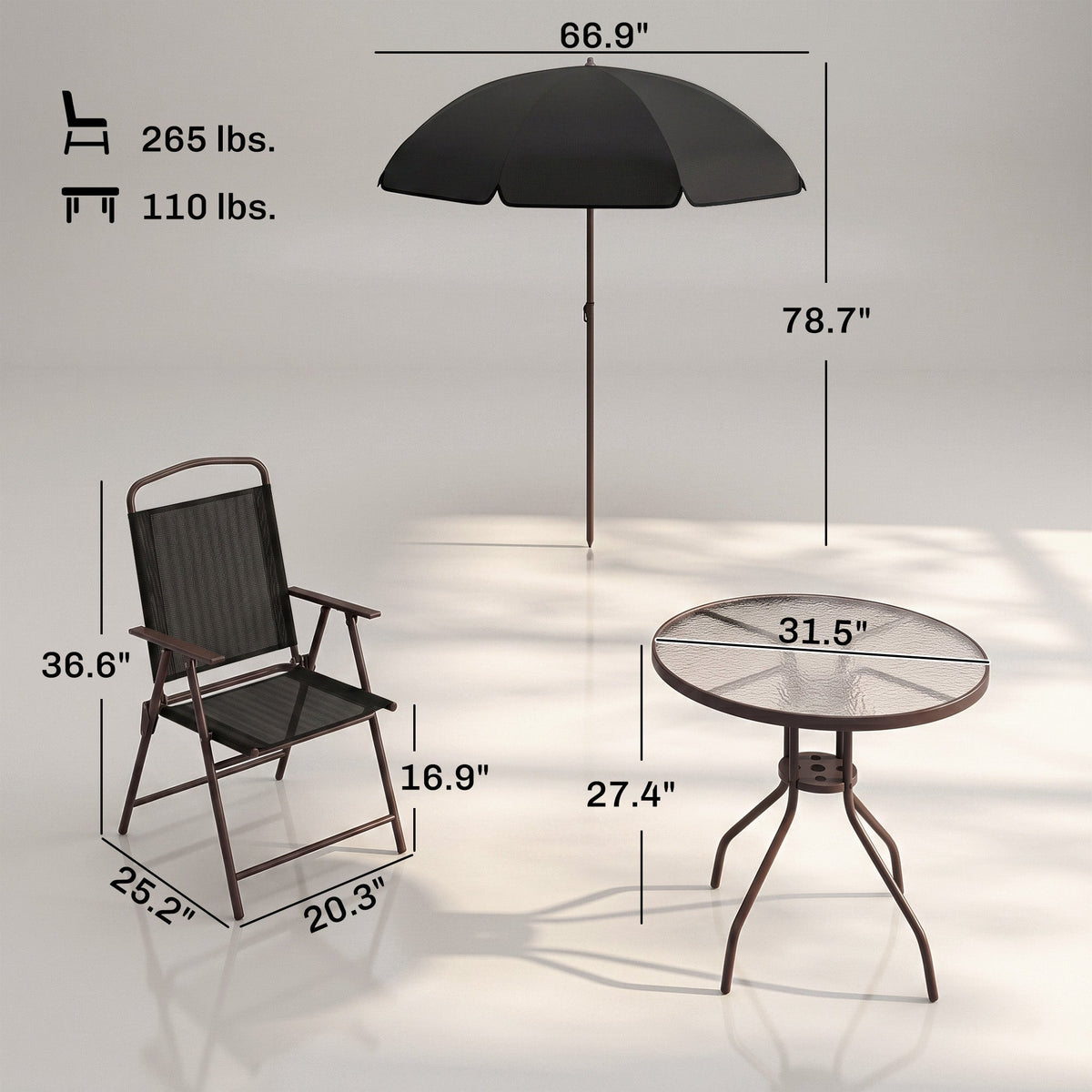 6 Piece Patio Dining Set for 4 with Umbrella, Outdoor Table and Chairs with 4 Folding Dining Chairs & Round Glass Table for Garden, Backyard and Poolside, Black and Coffee