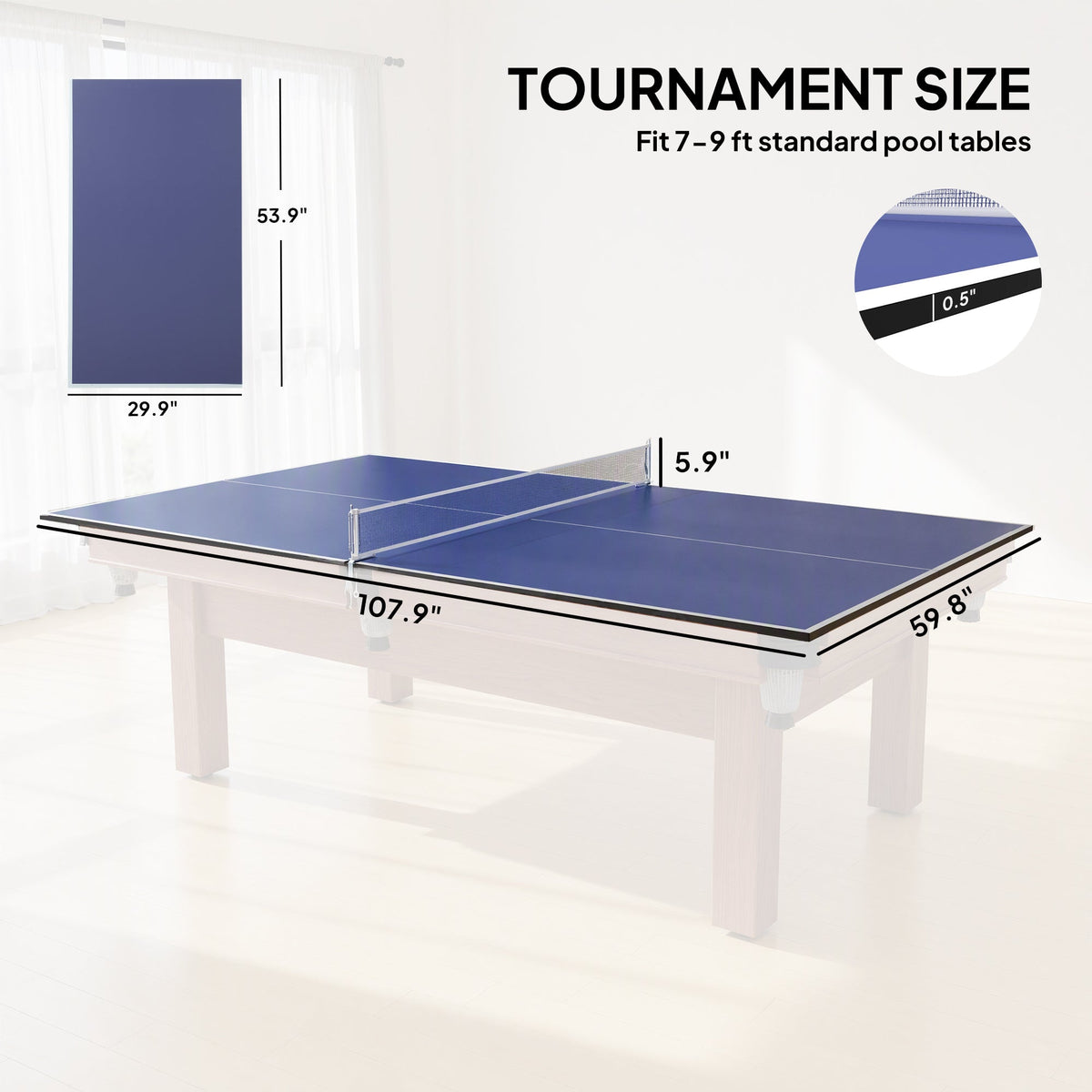 9 ft Folding Ping Pong Table Top for Billiard Tables, Table Tennis Conversion Top with Net, Foam Padding, Blue