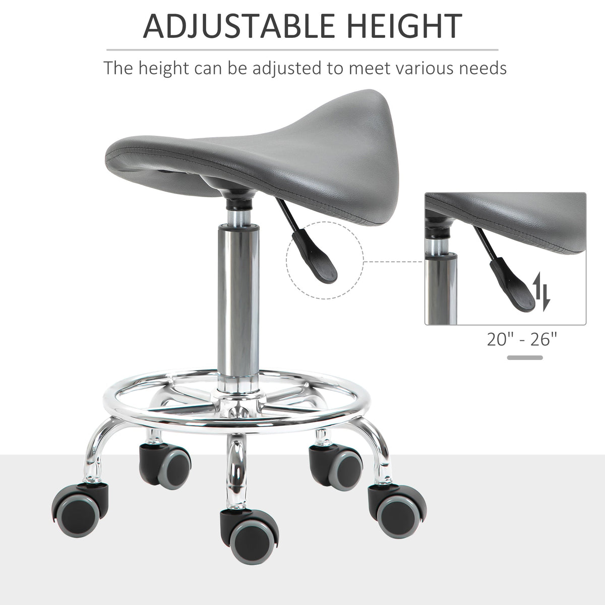 PU Leather Adjustable Stool, Rolling Saddle Stool with Wheels for Massage, Spa, Clinic, Beauty and Tattoo, Gray