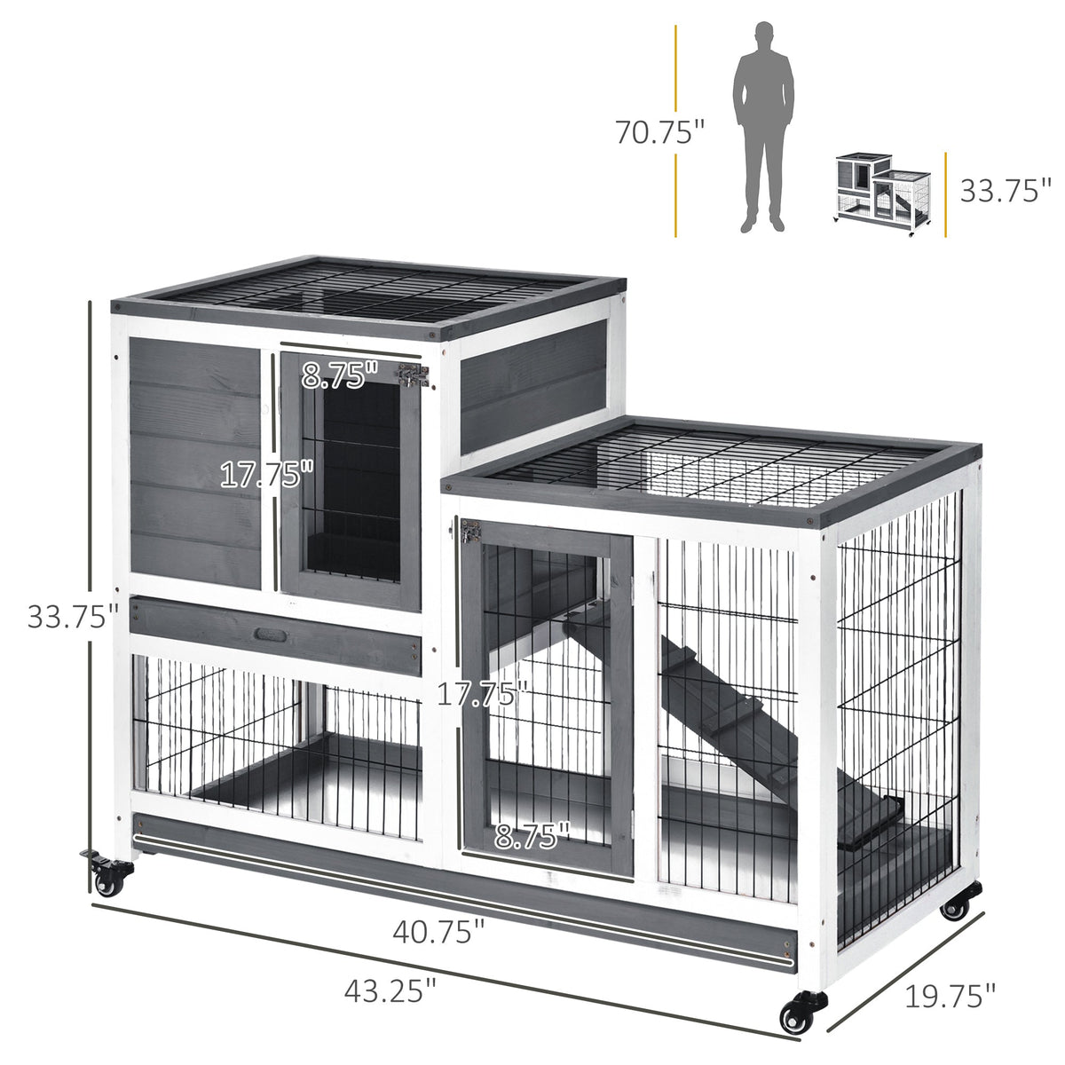 Wooden Rabbit Hutch Elevated Bunny Cage Indoor Small Animal Habitat with Enclosed Run with Wheels, Ramp, Gray