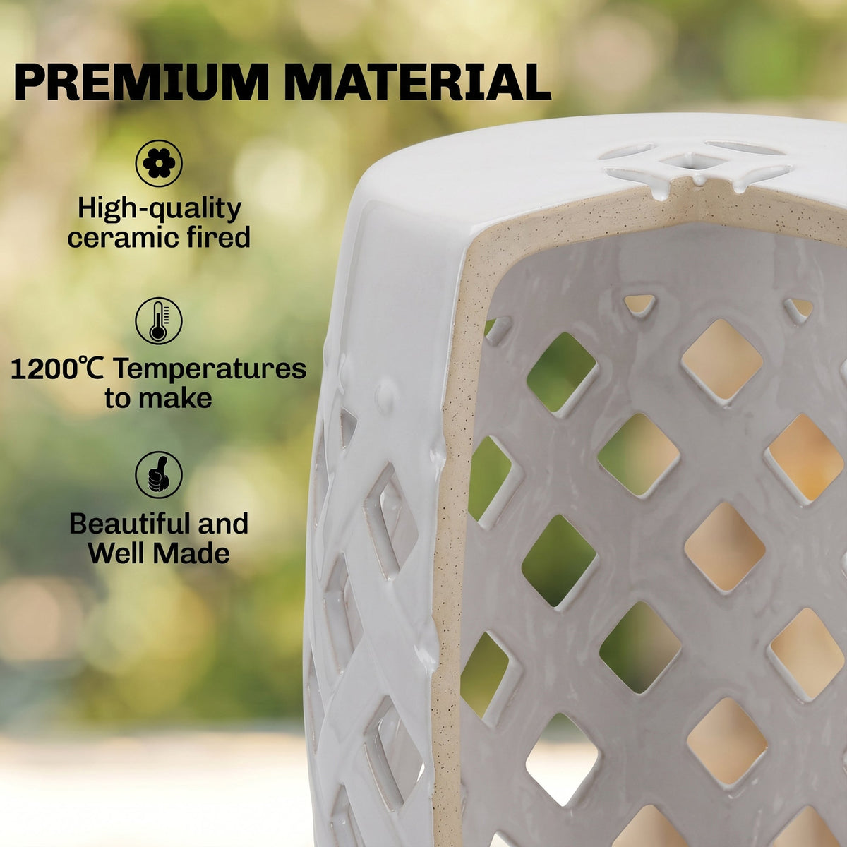 12.5" x 18" Ceramic Garden Stool with Woven Lattice Design & Glazed Strong Materials Decorative Outdoor Stool, White