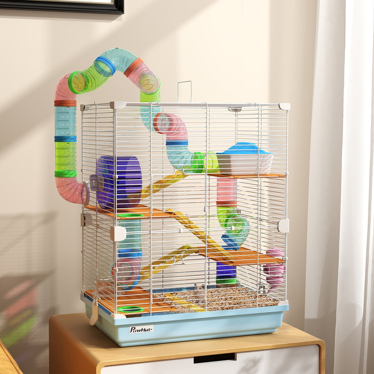 5 Tiers Hamster Cage Portable Animal Travel Carrier w/ Exercise Wheels Tube, Light Blue