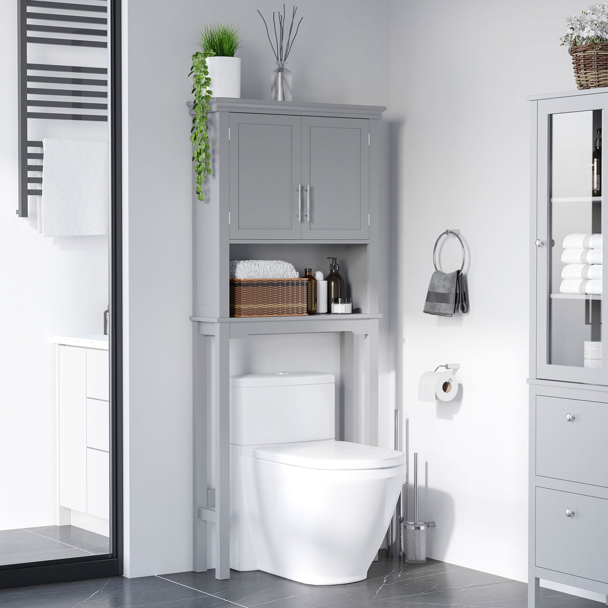 Modern Over The Toilet Storage Cabinet, Double Door Bathroom Organizer with Inner Adjustable Shelf and Open Shelf, Gray