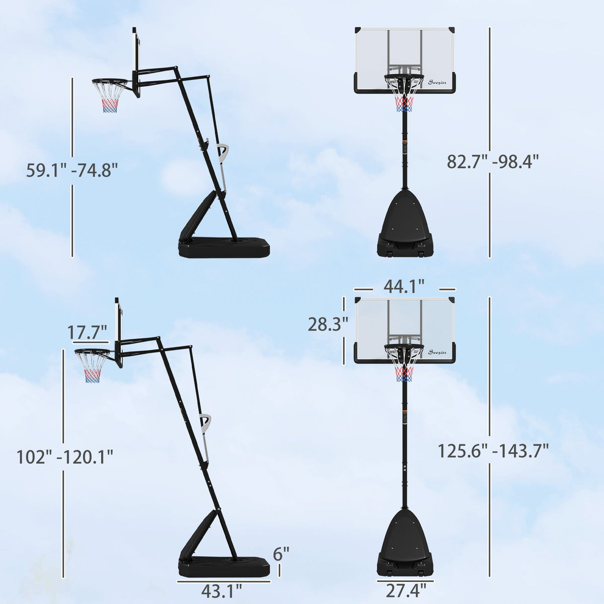 4.9-10' Basketball Stand, Freestanding Basketball System with 44" Shatterproof Backboard, Rebound System and Wheels