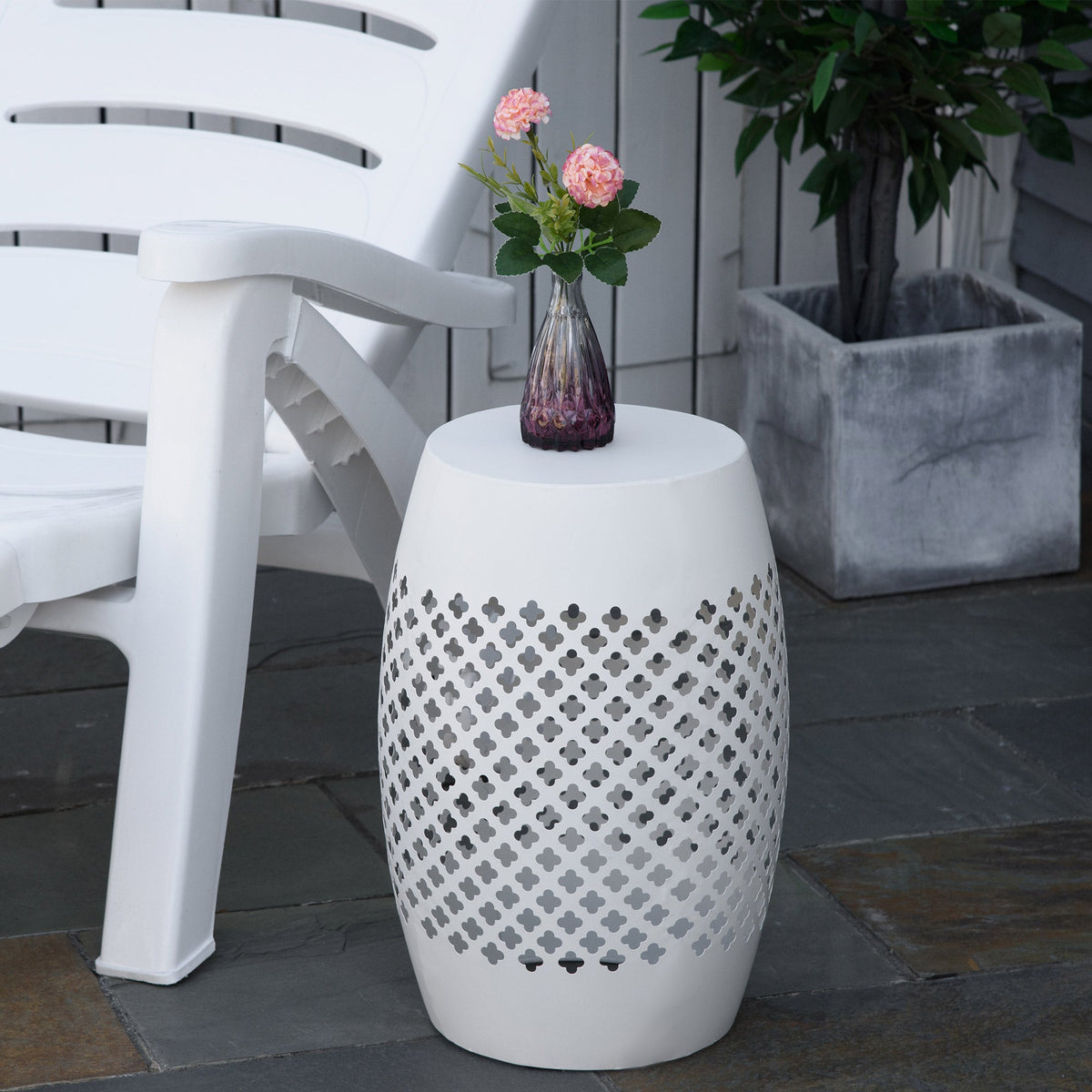 12" Steel Outdoor Side Table, Round Hollow Drum Patio End Table, Accent Table for Indoor and Outdoorr, White