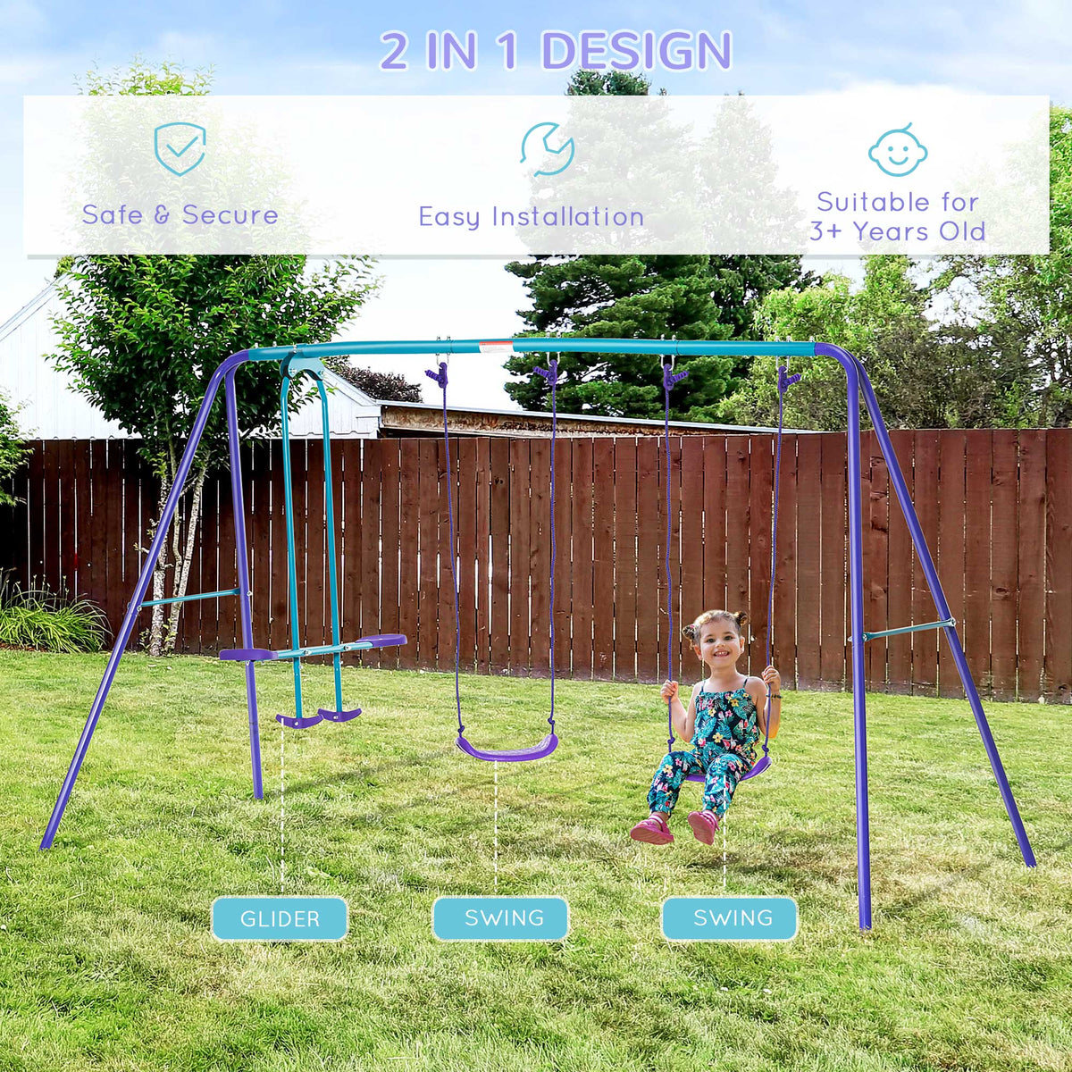 Metal Swing Set with Glider, Two S Seats and Adjustable Height, Outdoor Heavy Duty A-Frame Kids Playset Suitable, Purple