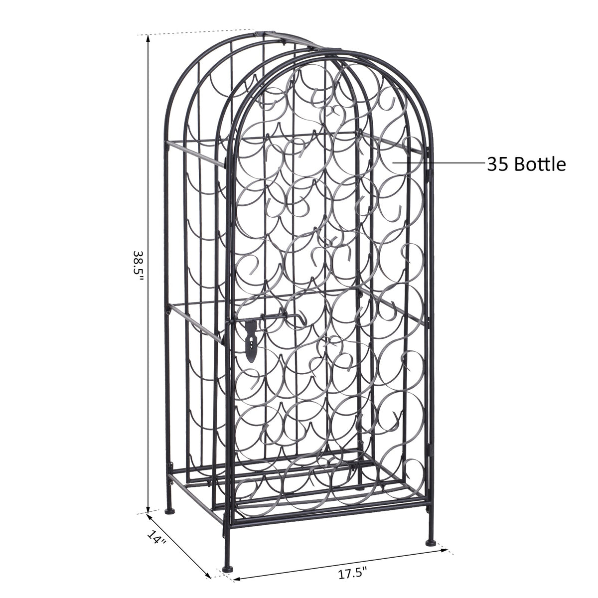 35 Bottle Wrought Iron  Rack Cabinet with Lock,  Black