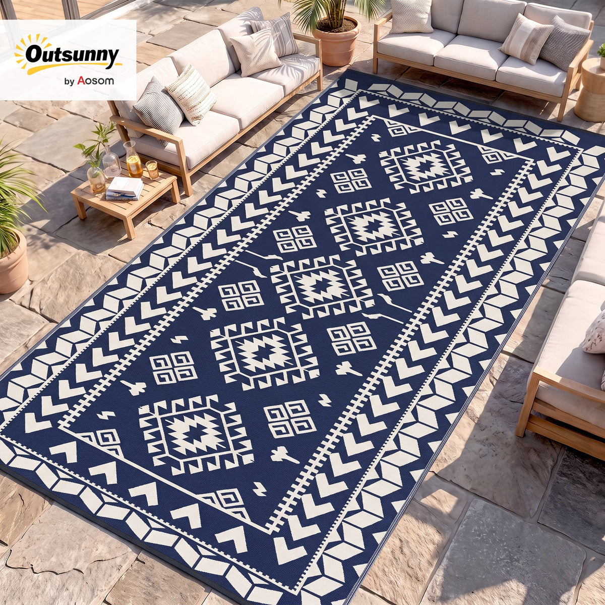 Reversible Outdoor Rug, Waterproof Plastic Straw with Carry Bag, 9' x 18', Blue & White Rhombus Patchwork