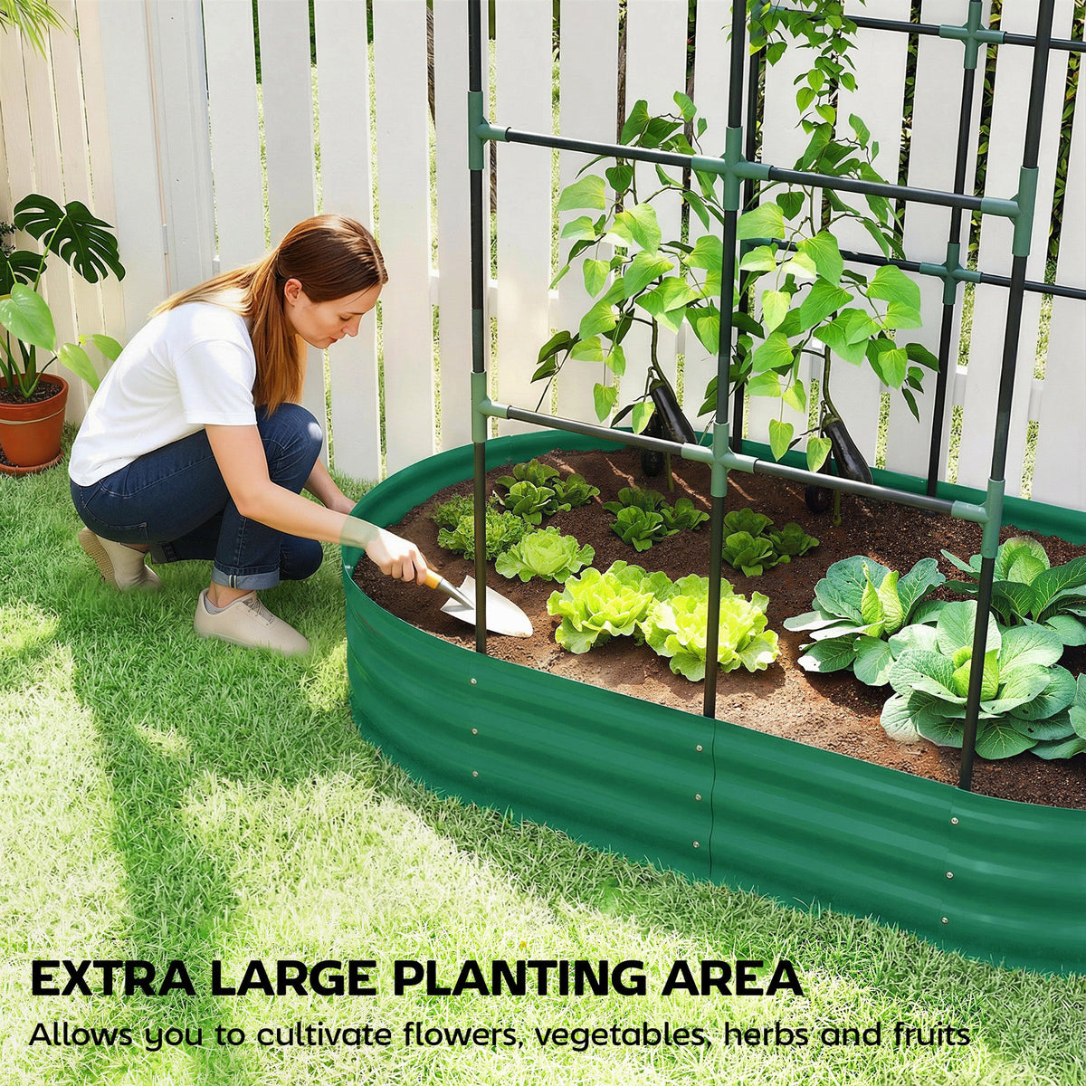 Galvanised Raised Garden Bed with Arched Trellis, 5 x 3 x 6ft Metal Outdoor Planter Box with Open Bottom, Green