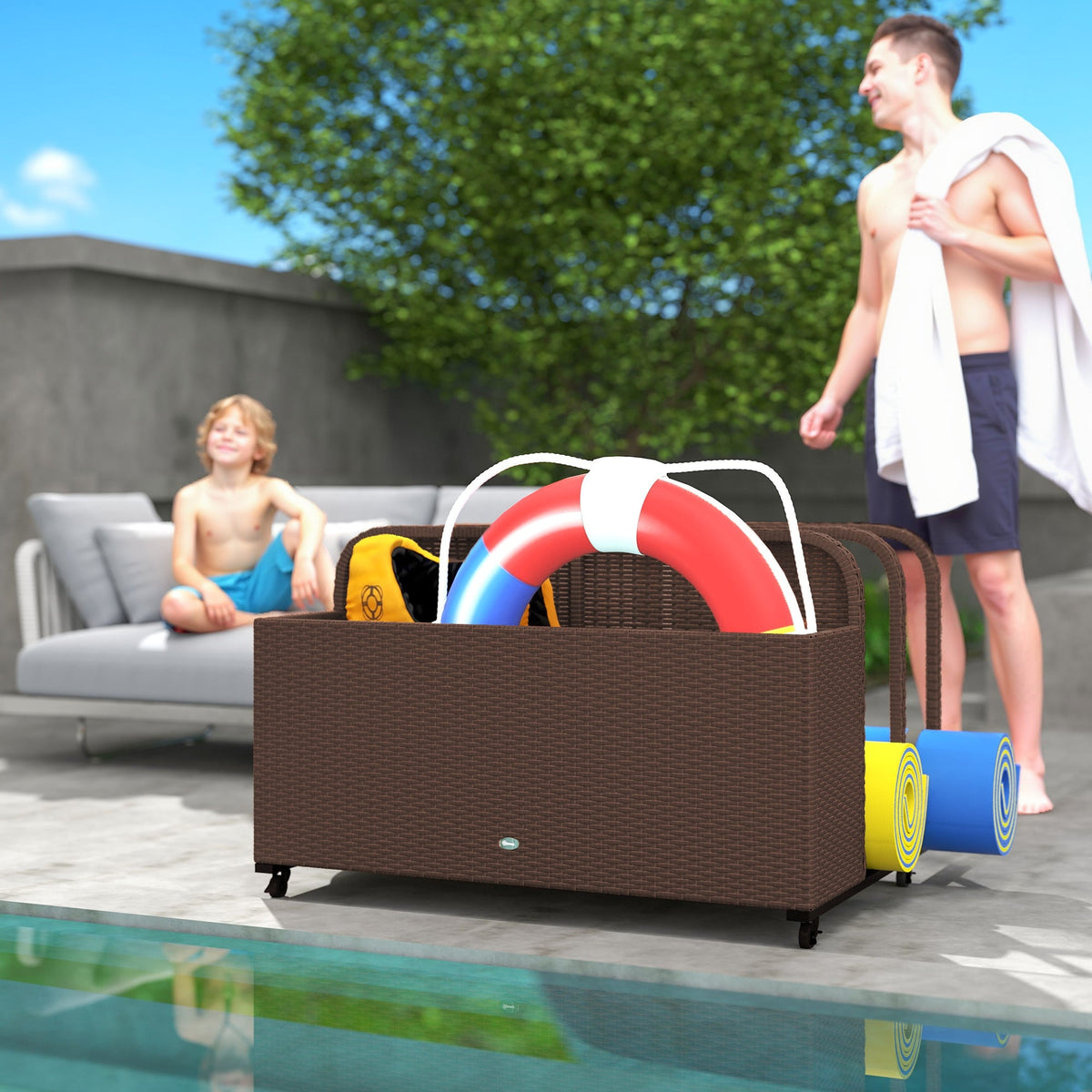PE Rattan Pool Float Storage Organizer with Wheels, Brown