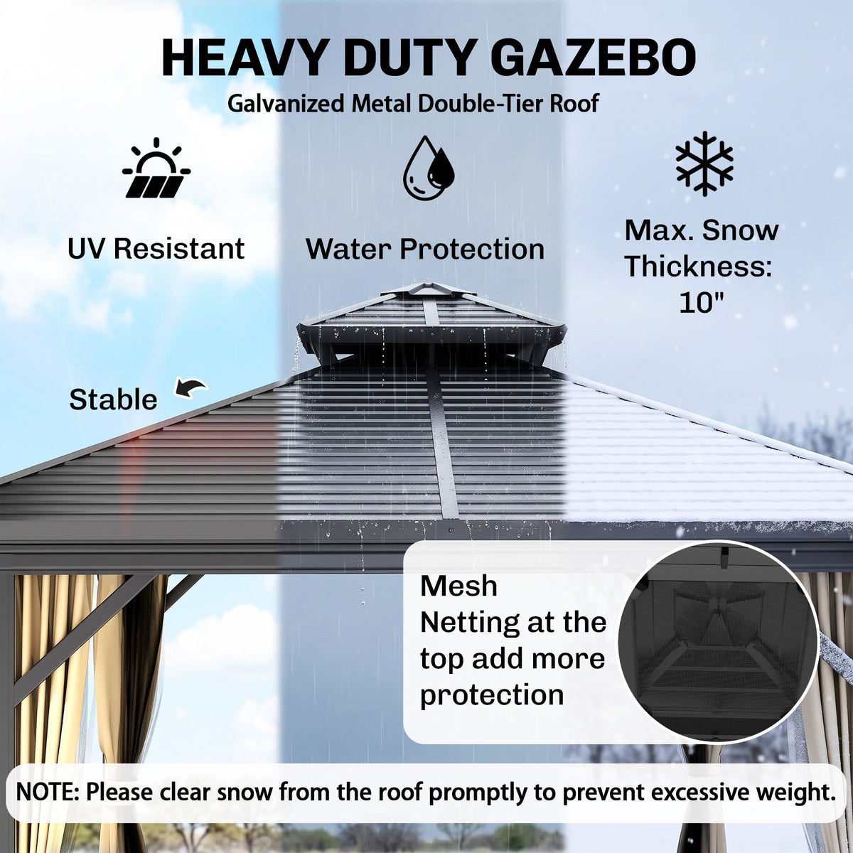 10' x 10' Hardtop Gazebo with Aluminum Frame, Metal Roof Gazebo Canopy w/ Hook, Curtains included, Dark Brown