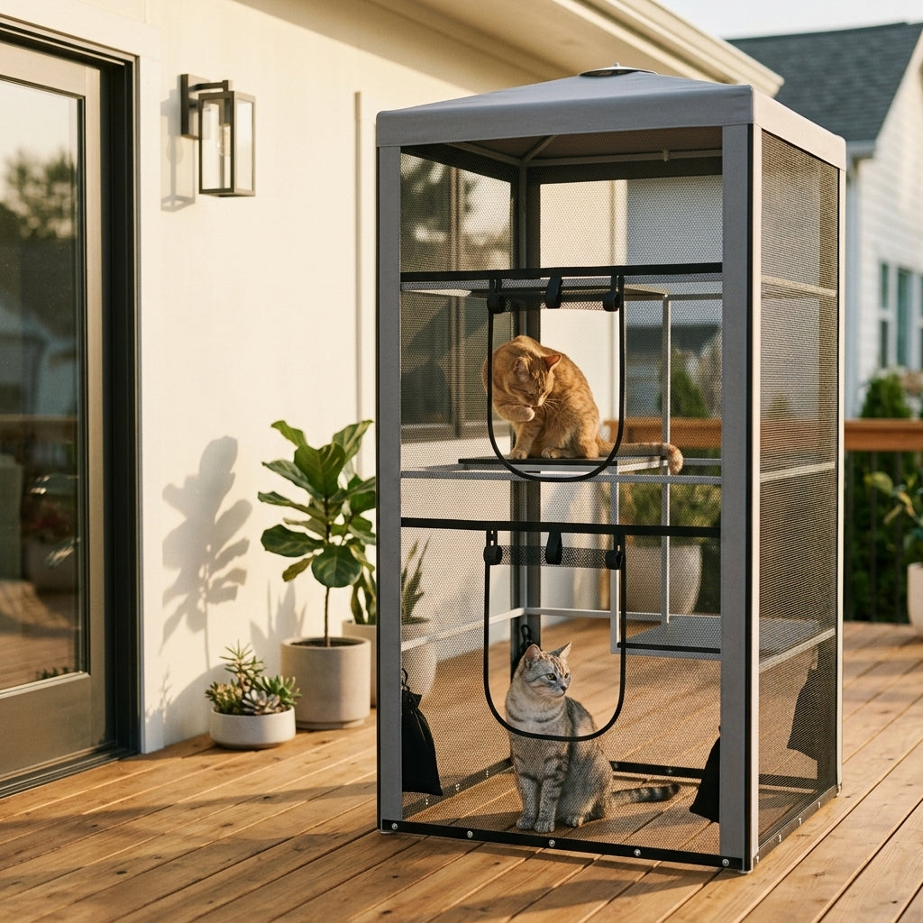 79"H Cat House Kitten Enclosure Mesh Playpen Steel Frame with 3 Platforms, 2 Doors and 4 Sandbags for Stability, Indoor/Outdoor