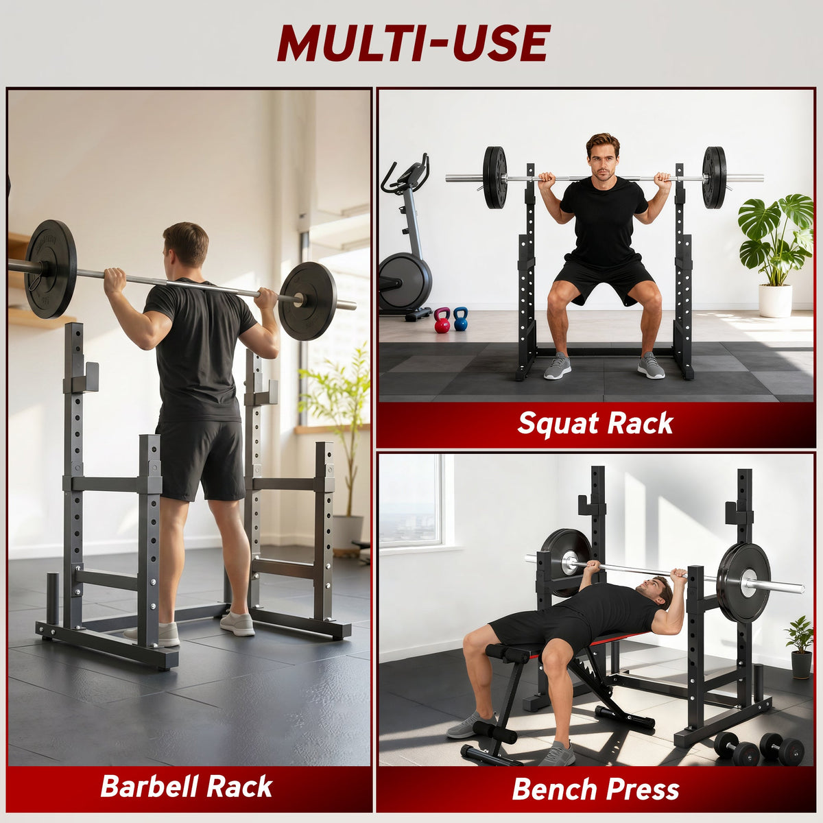 Adjustable Squat Rack, 660lbs Multi-Functional Bench Press Rack for Weight Lifting Home Gym Strength Training, Black