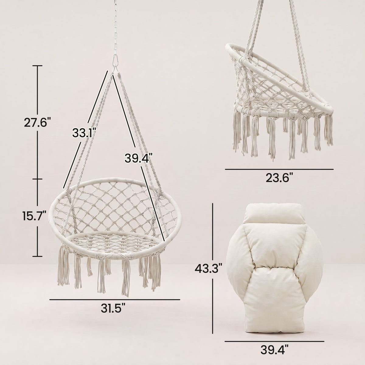 Hammock Swing Chair, Macrame Hanging Chair with Large Cushion, Chain, Steel Frame for Indoor Outdoor Use, Cream White