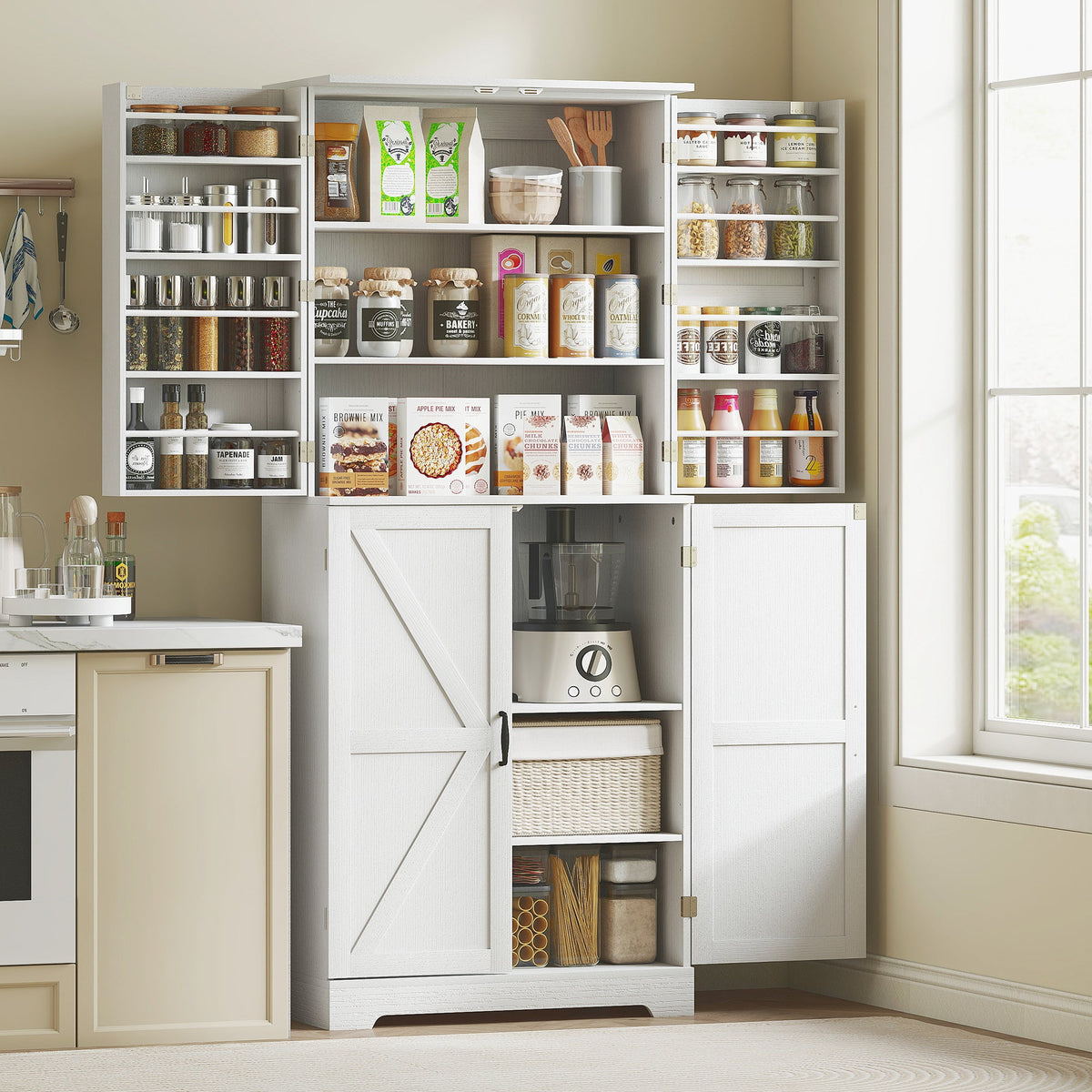 Farmhouse Kitchen Pantry, 72" Tall Pantry Cabinet with 4 Barn Doors, 4 Adjustable Shelves and 8 Door Shelves, White