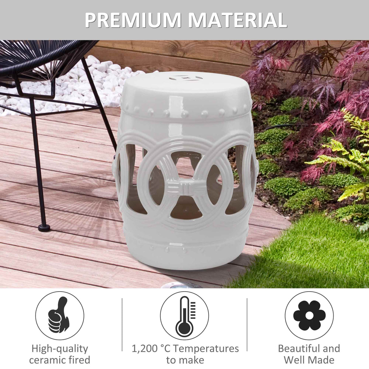 14" x 17" Ceramic Garden Stool with Double-Coin Knotted Ring Design & Strong Glazed Material, Decorative Outdoor Stool, Home Collection, White