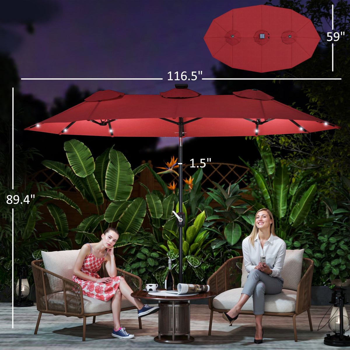 Double-sided Patio Umbrella, 9.7' Outdoor Umbrella with Tilt and Crank, LED Solar Light and 12 Ribs,  Red