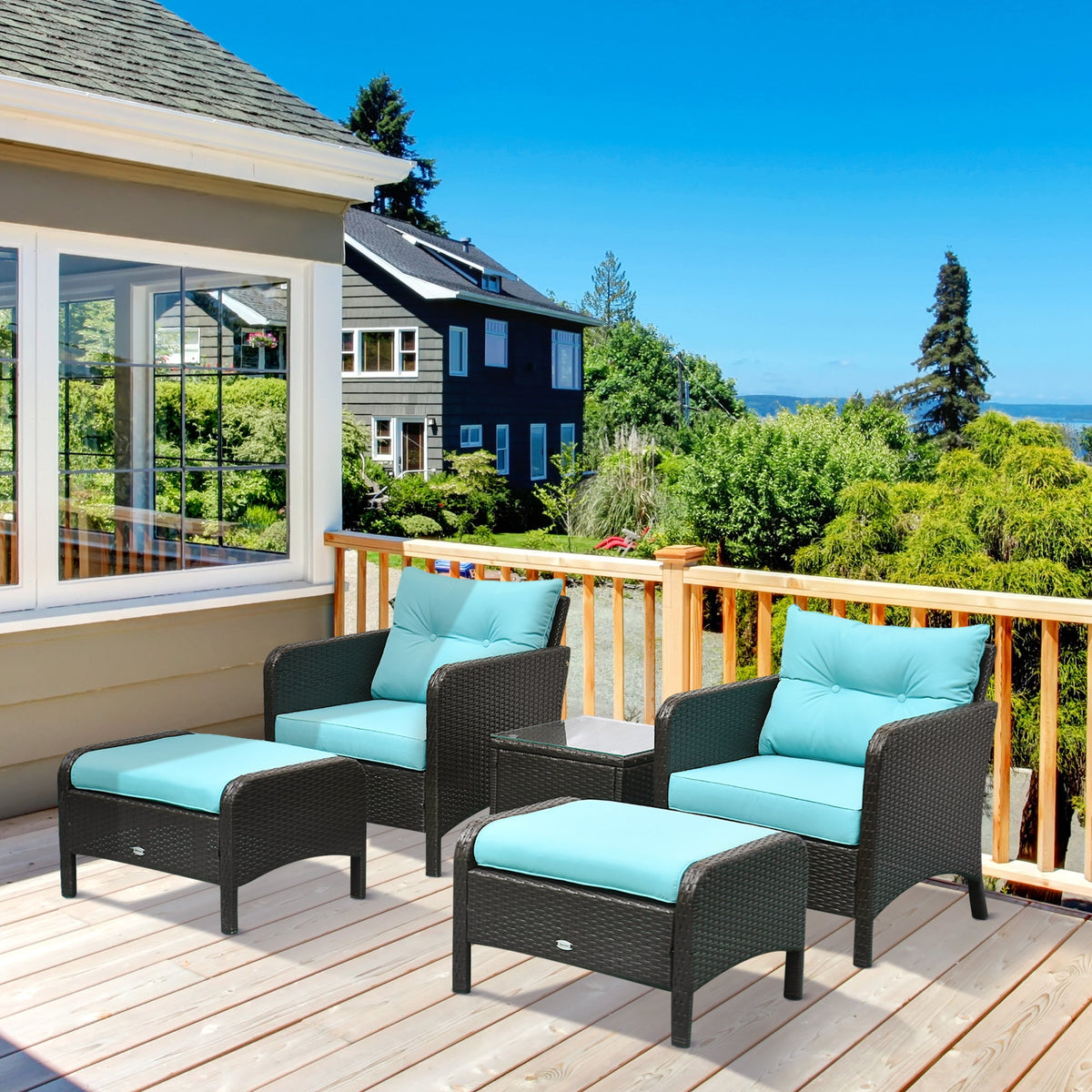 5 Pieces Rattan Wicker Lounge Chair Outdoor Patio Conversation Set with 2 Cushioned Chairs, 2 Ottomans and Tempered Glass Top Coffee Table, Brown/Blue