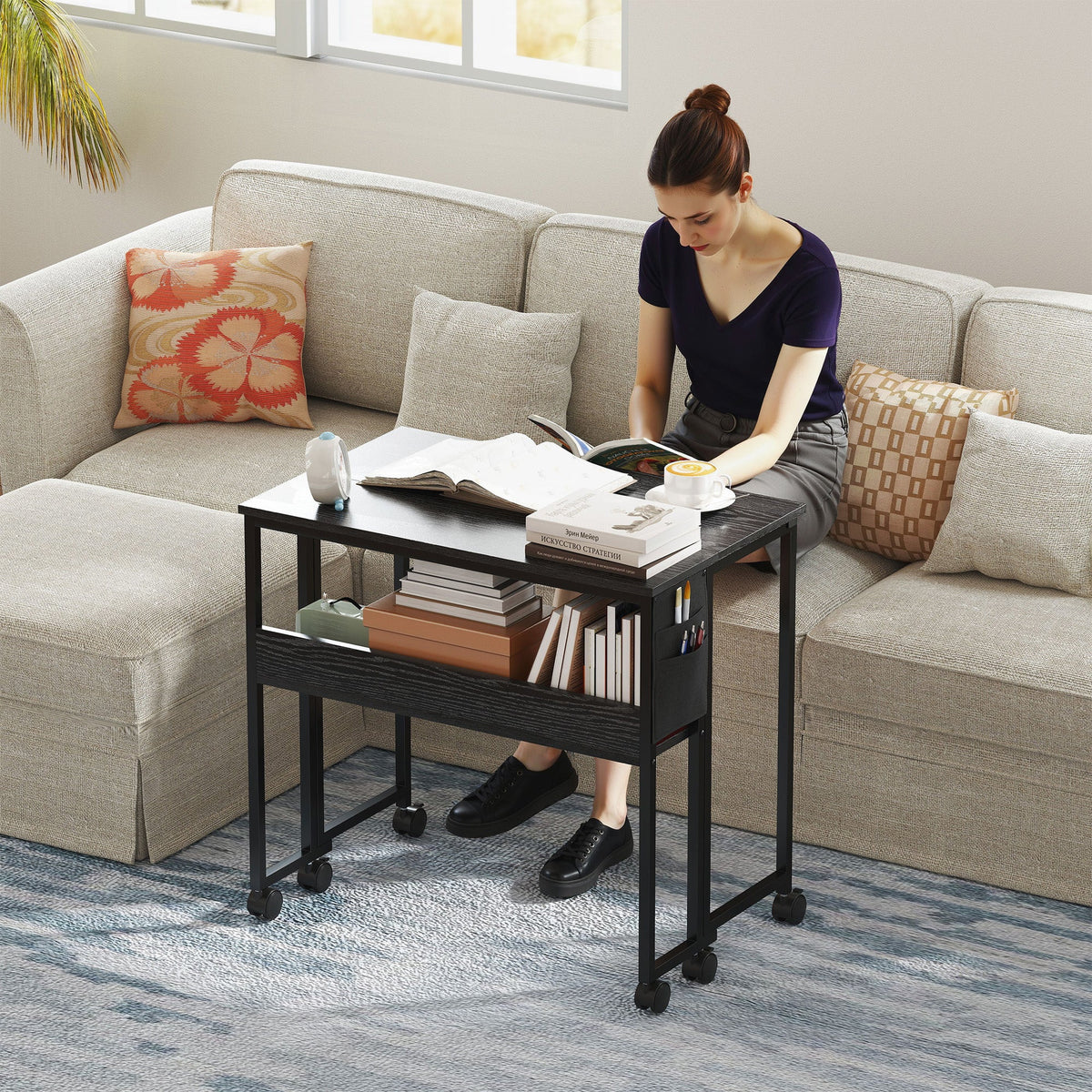 Folding Computer Desk, Foldable Desk with Storage Bag, Shelf and Wheels for Small Spaces, Home Office, Black