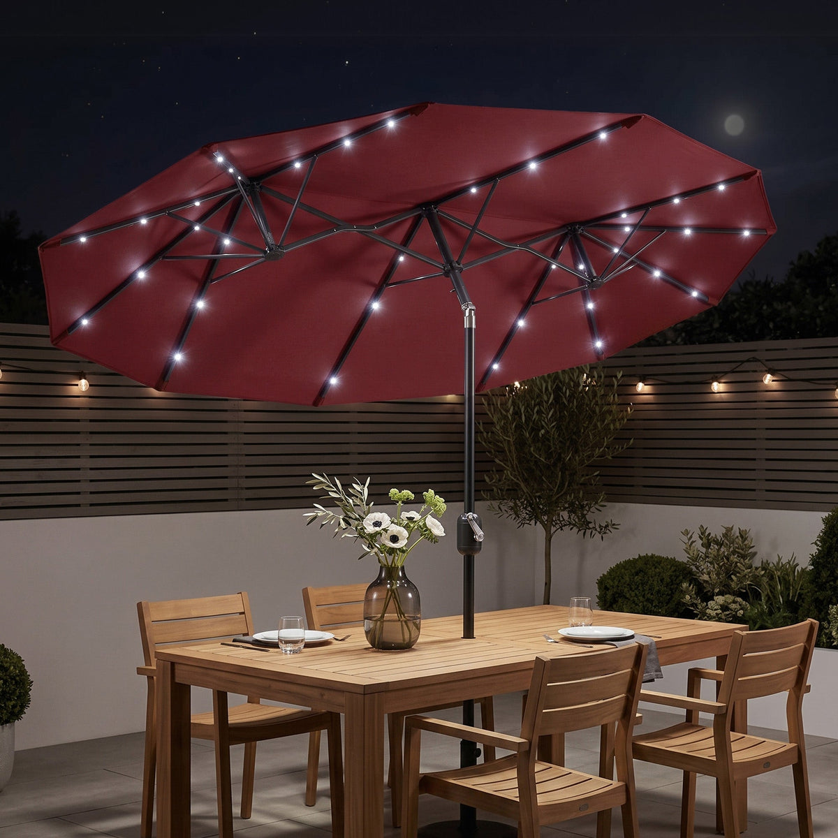Double-sided Patio Umbrella, 9.7' Outdoor Umbrella with Tilt and Crank, LED Solar Light and 12 Ribs,  Red