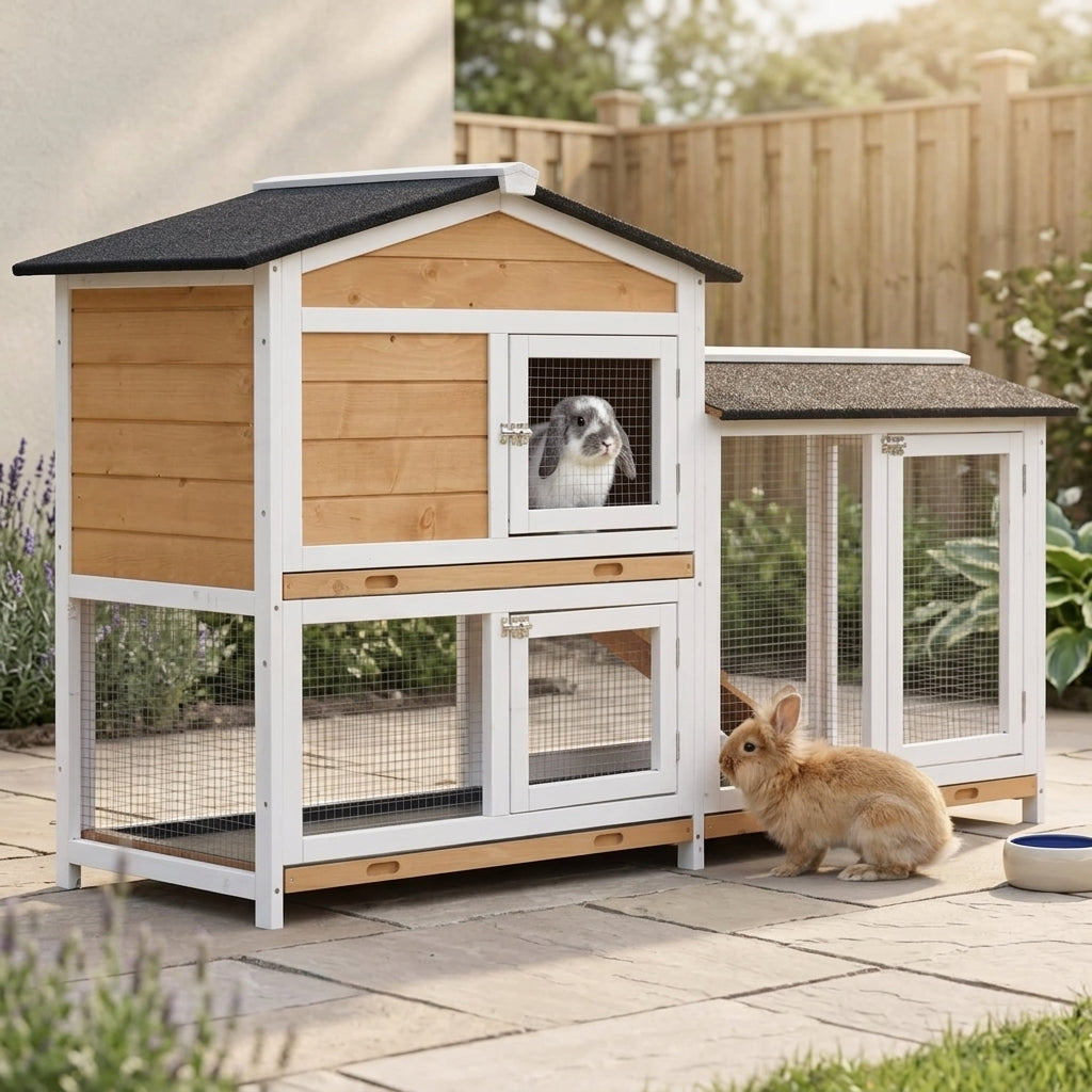 62" Rabbit Hutch, Wooden Bunny Hutch, Guinea Pig Cage, Small Animal Enclosure with Run Area, Removable Tray