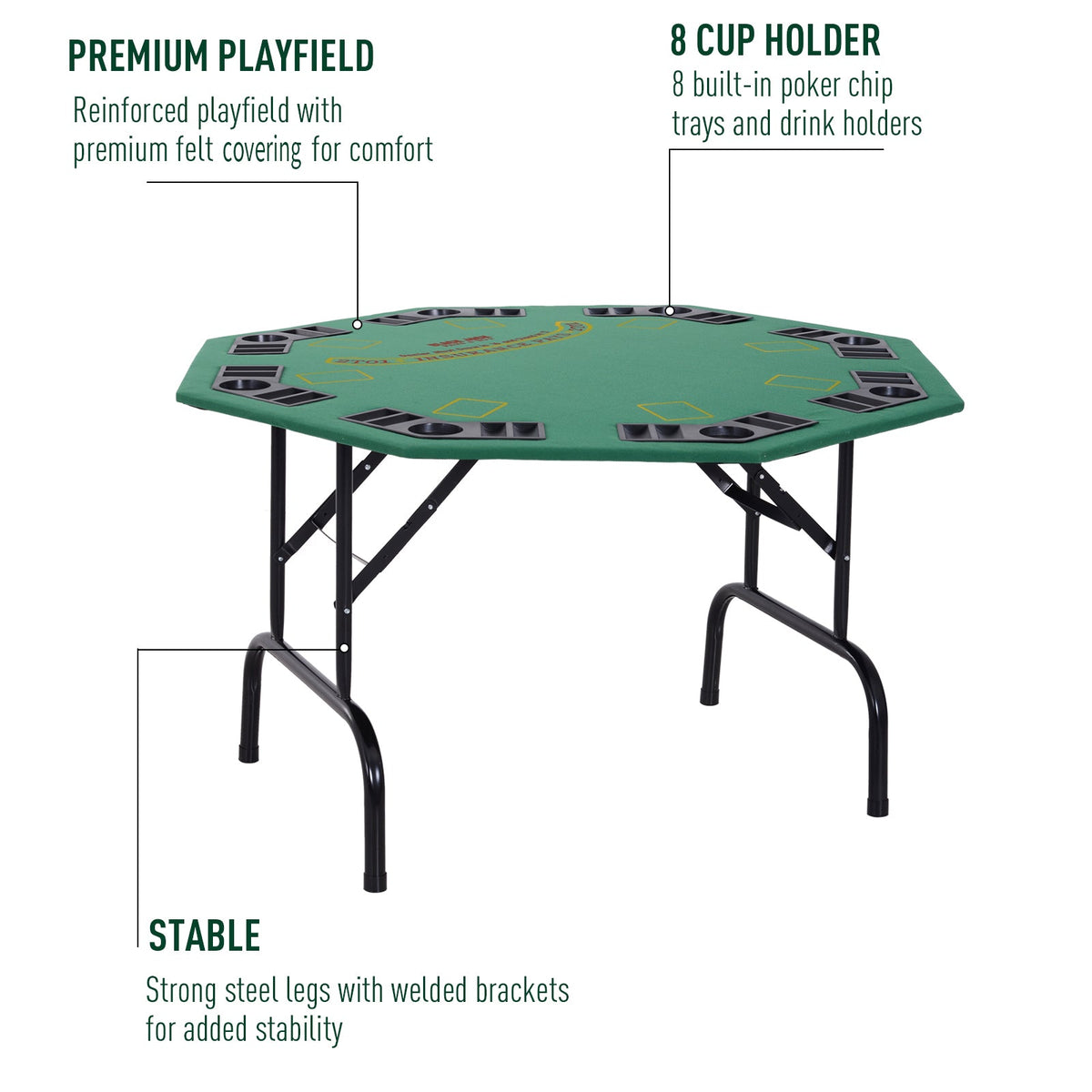 Poker Table Foldable, 47" Octagon Blackjack Poker Game Table for 8 Players with Cup Holders and Chips Tray, Green Felt