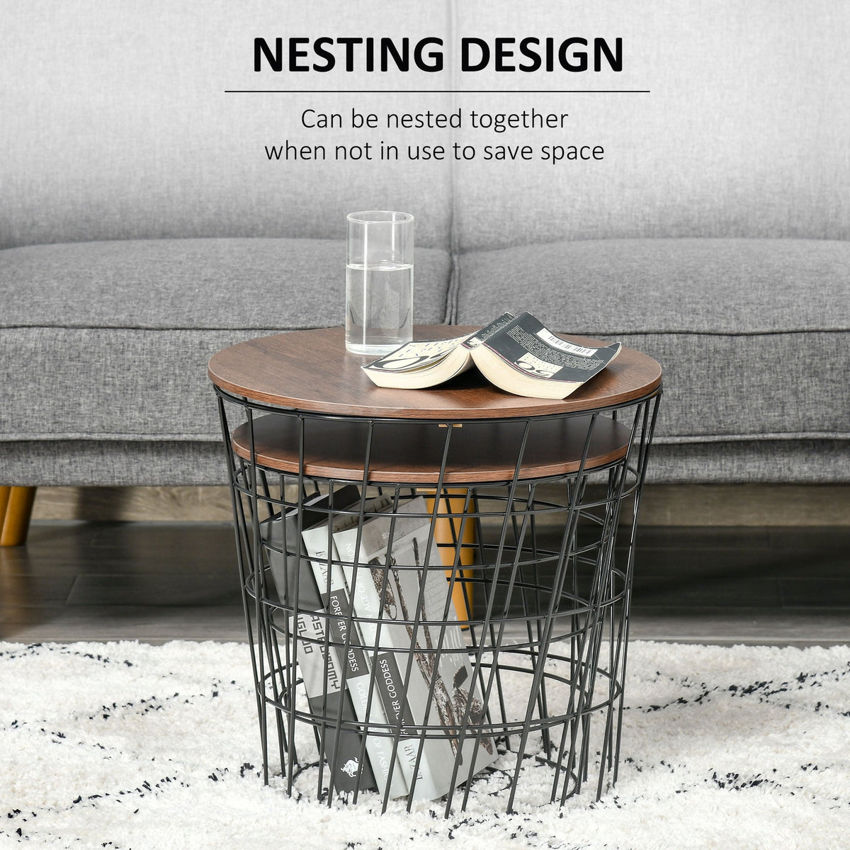 End Tables Set of 2, Nesting Tables with Storage, Round Accent Side Tables with Removable Top for Living Room,  Black/ Brown