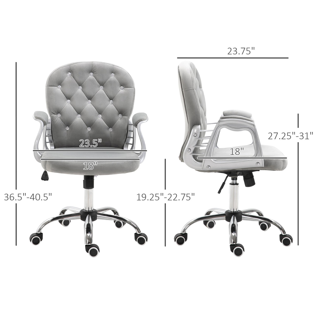 Button Tufted Desk Chair, Home Office Chair with Padded Armrests, Adjustable Height and Swivel Wheels, Gray