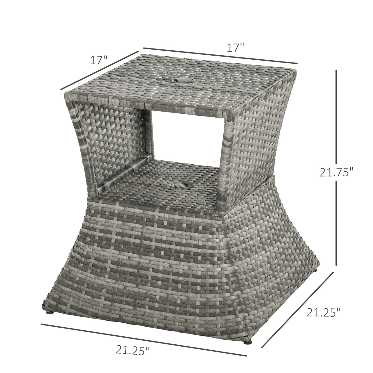 Outdoor Side Table with Umbrella Hole, 2 Tier Rattan Wicker End Table with Storage Shelf, All Weather