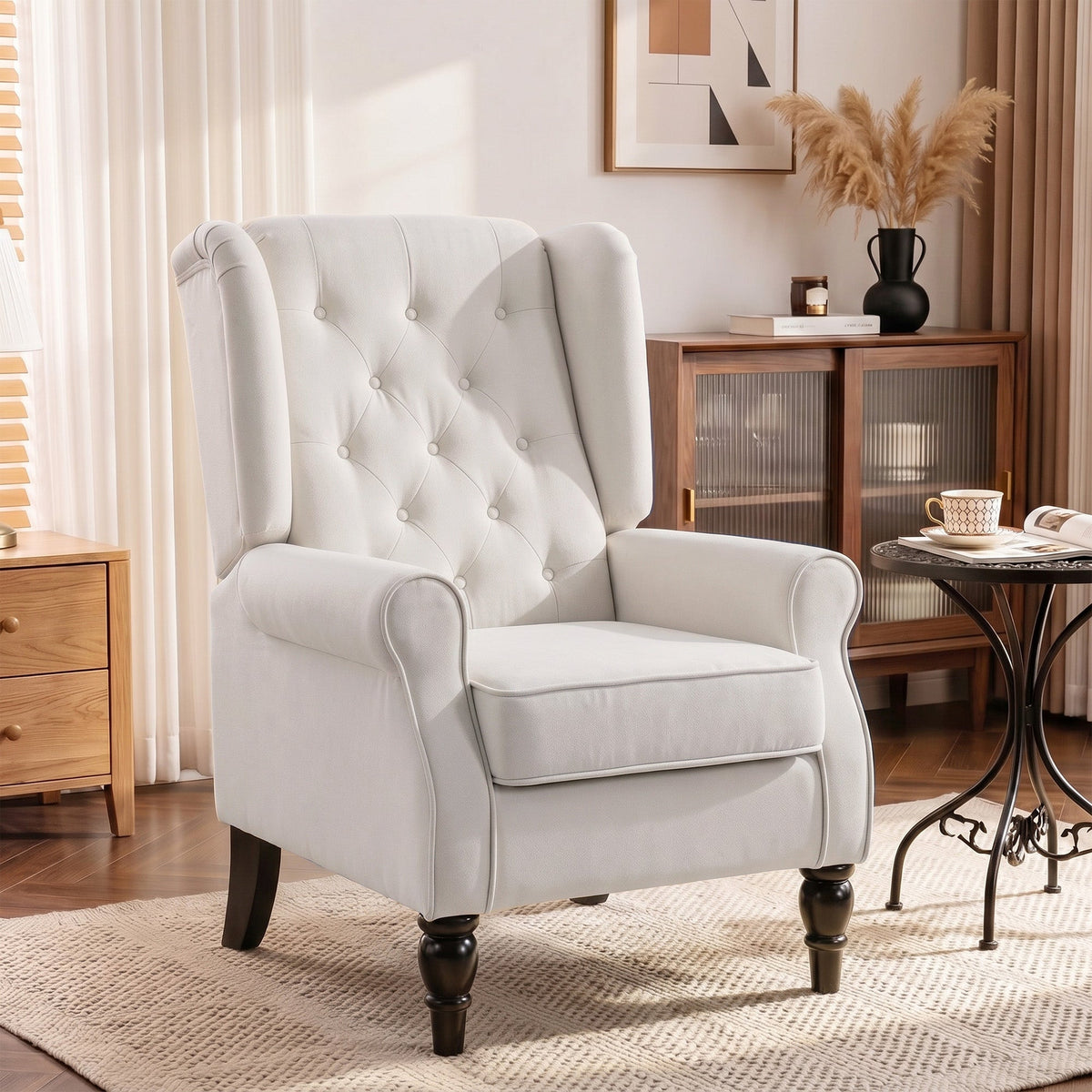 Button-Tufted Accent Chair with High Wingback, Rounded Cushioned Armrests and Thick Padded Seat, Cream White