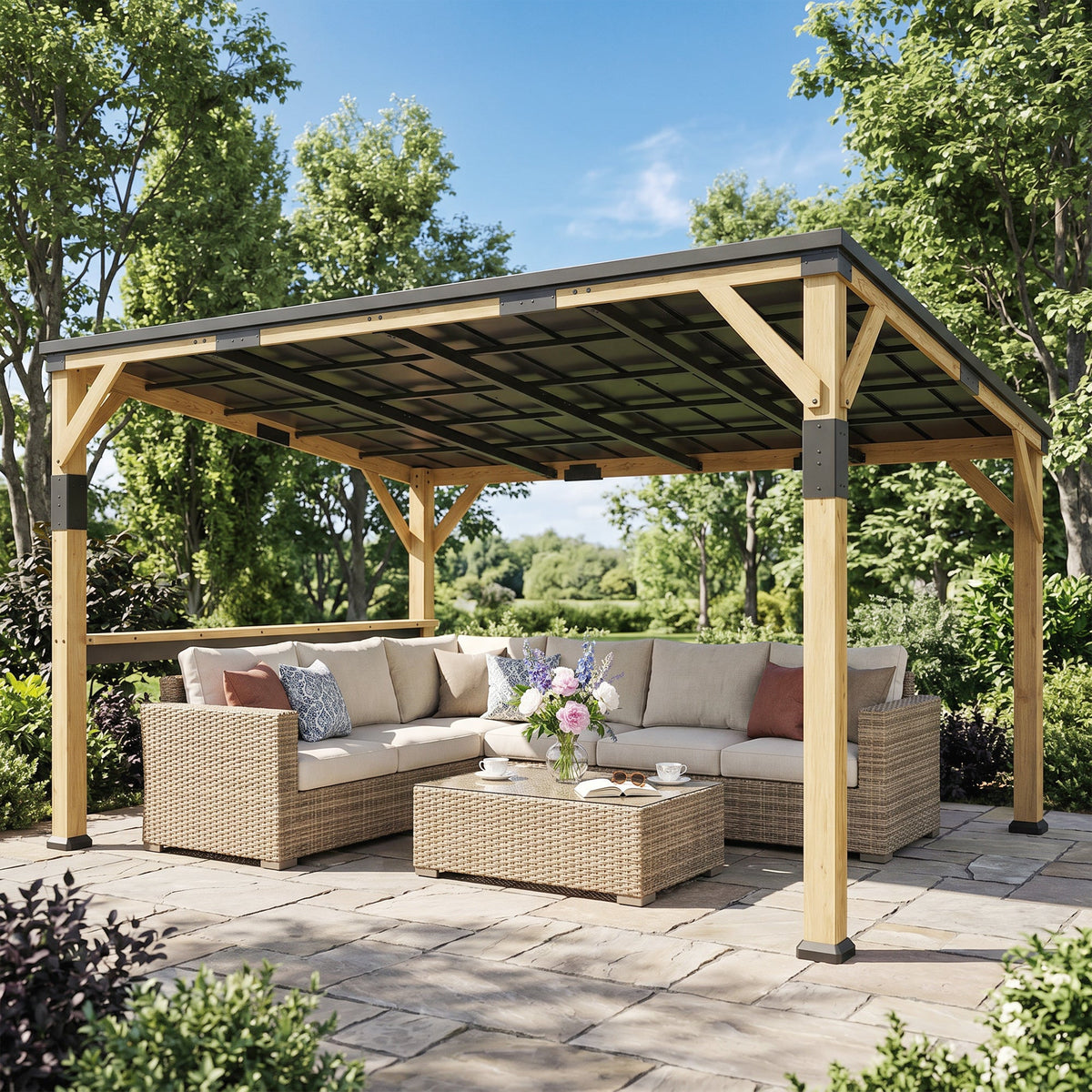 10' x 14' Wooden Gazebo, Hardtop Lean-to Gazebo Pergola with Galvanized Steel Sloped Roof, Bar Shelf, Natural Wood