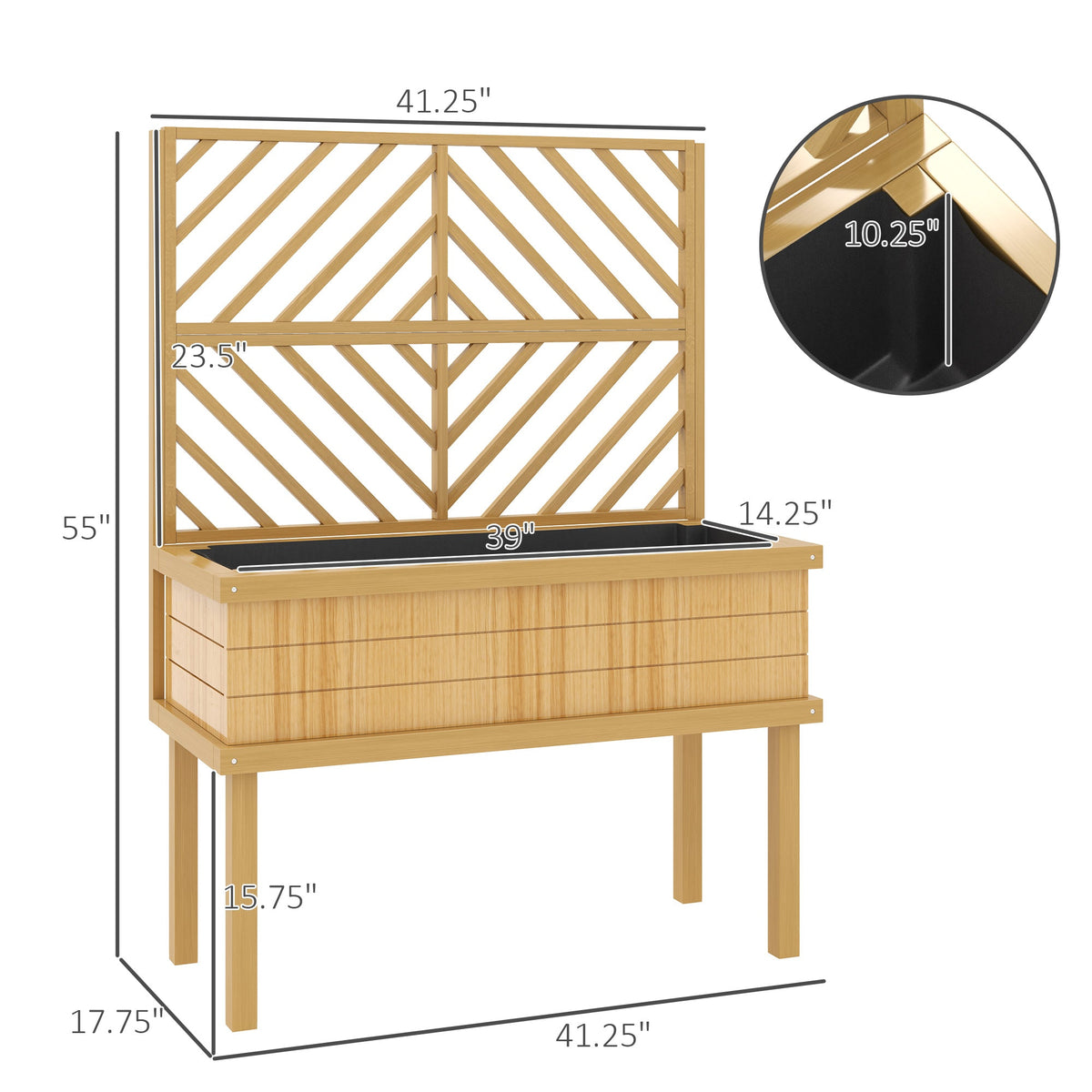 Elevated Wood Planter with Trellis for Climbing Plants, Raised Garden Bed with Legs and Drainage Holes, Natural Wood