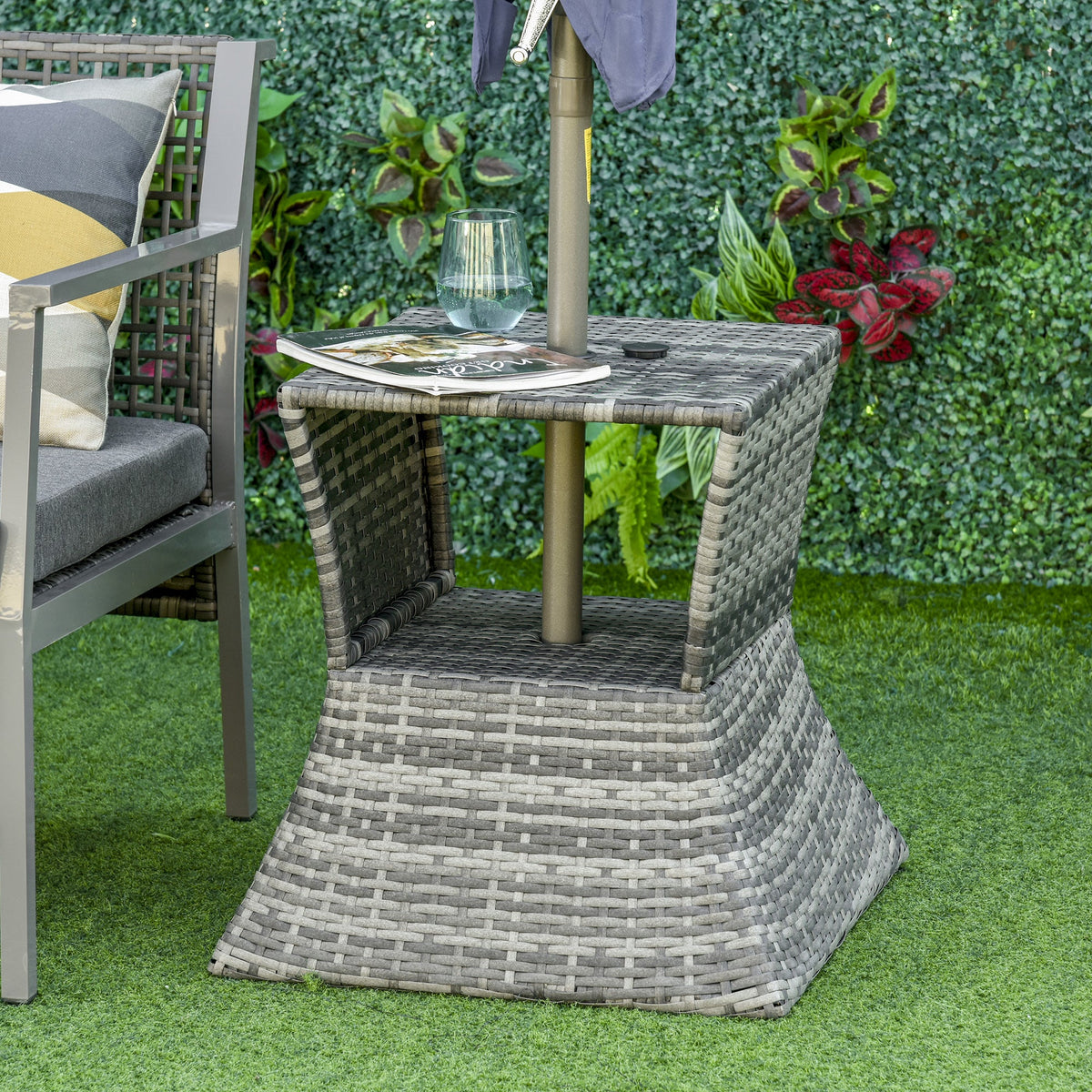 Outdoor Side Table with Umbrella Hole, 2 Tier Rattan Wicker End Table with Storage Shelf, All Weather