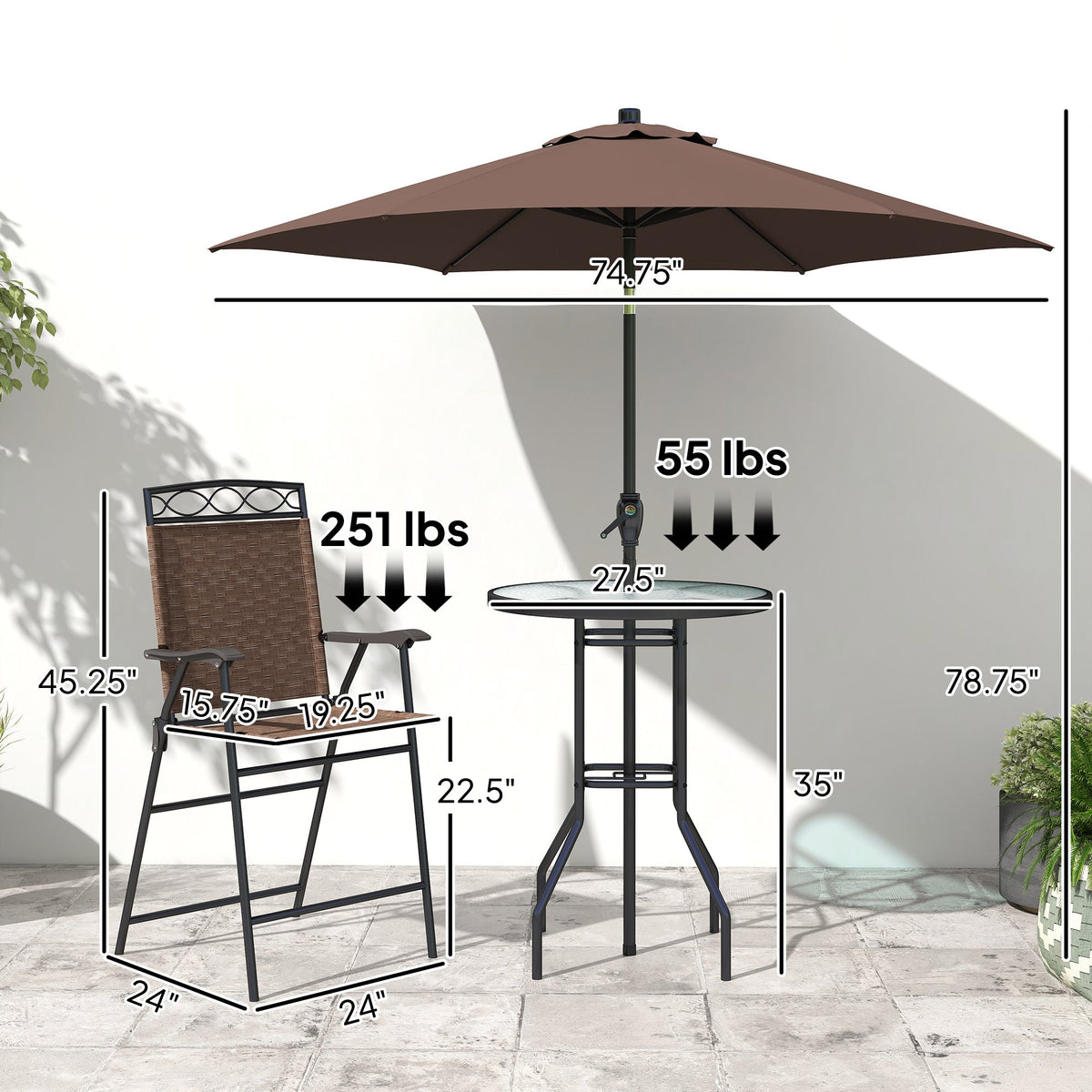 4 Piece Outdoor Bar Set with Umbrella, Patio Dining Set with 2 Folding Chairs, Wave Textured Tempered Glass Table, Brown