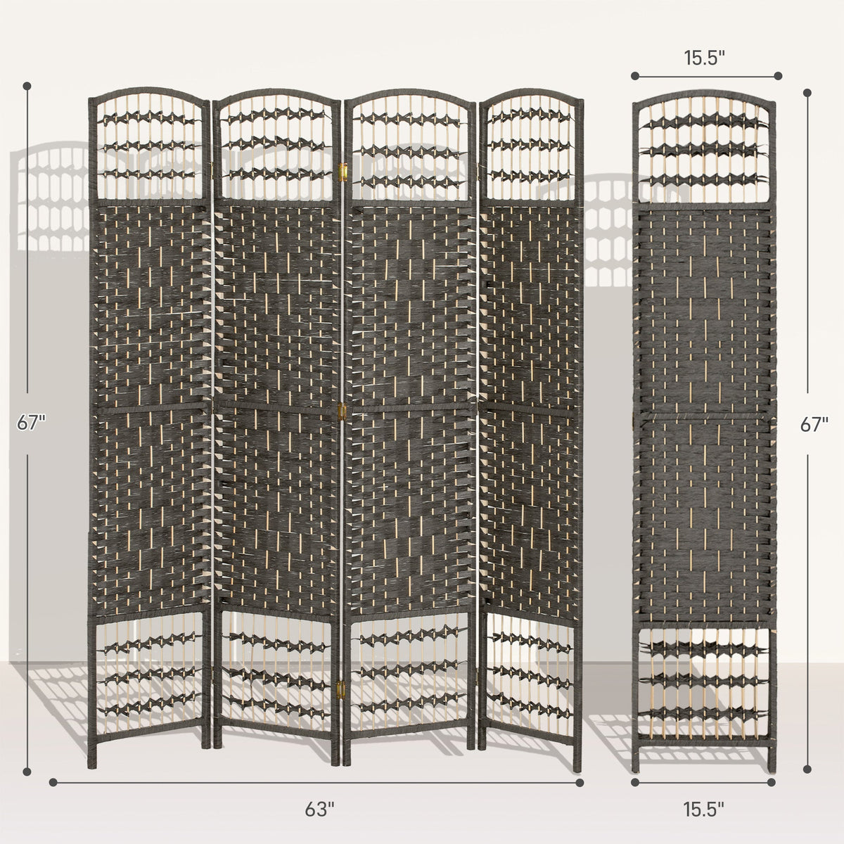 4 Panel Room Divider, Folding Screen, 5.6', Dark Gray