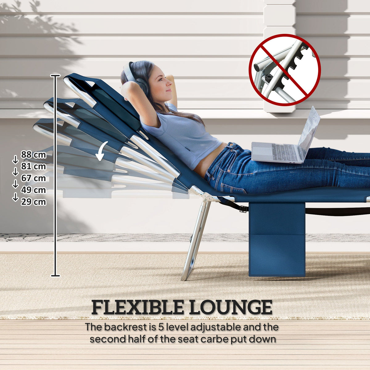 2 Tanning Chairs with Face Hole, 5-Level Adjustable Outdoor Chaise Lounge Chair with Pillow for Beach, Pool, Dark Blue