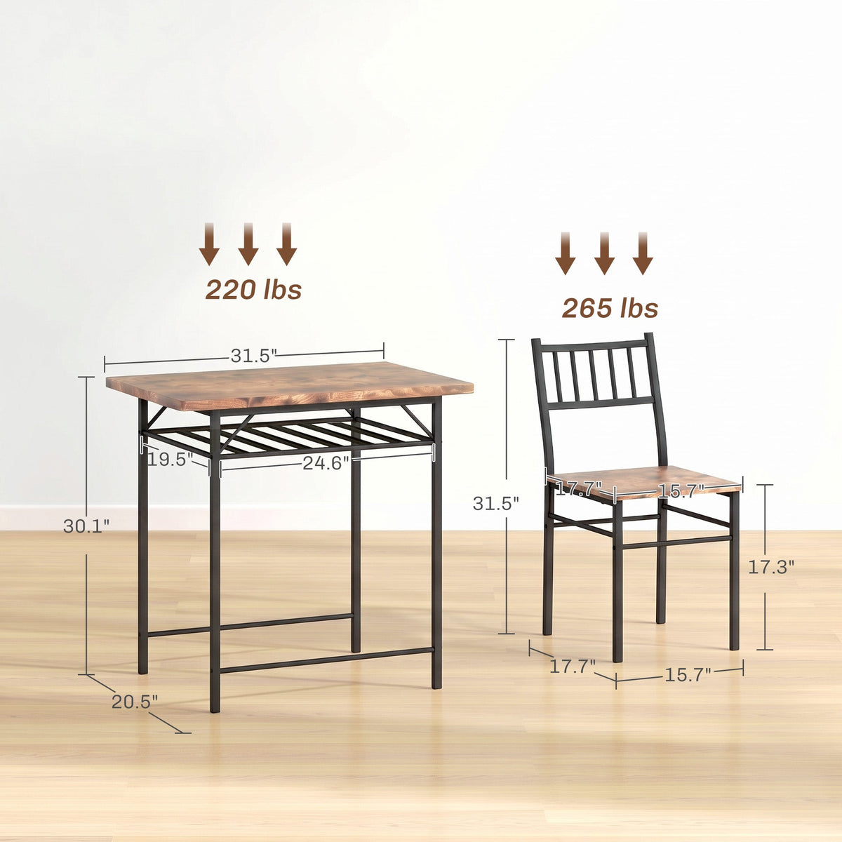 3-Piece Small Dining Table Set for 2, Kitchen Table and Chairs with Storage Rack and Steel Frame, Brown