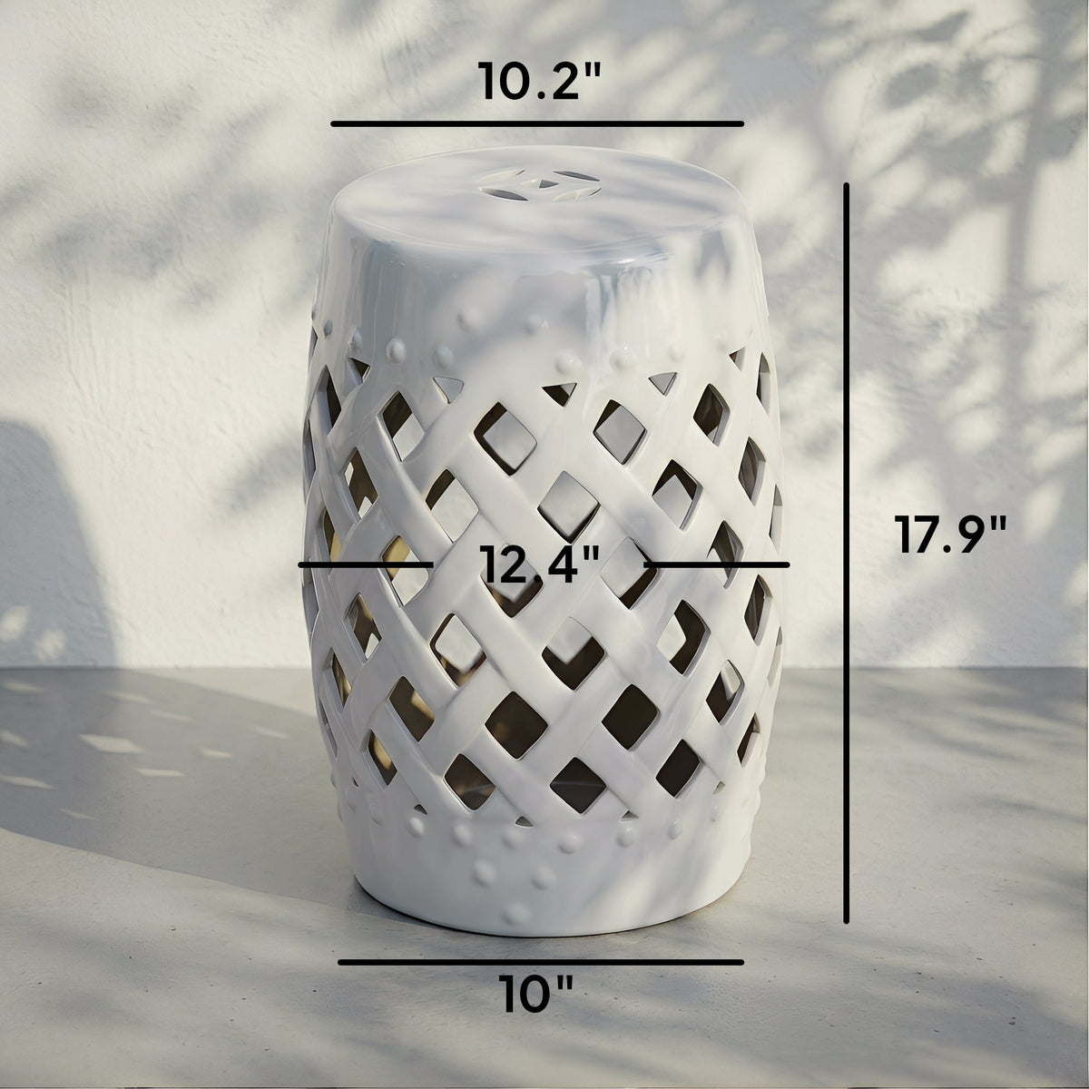 12.5" x 18" Ceramic Garden Stool with Woven Lattice Design & Glazed Strong Materials Decorative Outdoor Stool, White