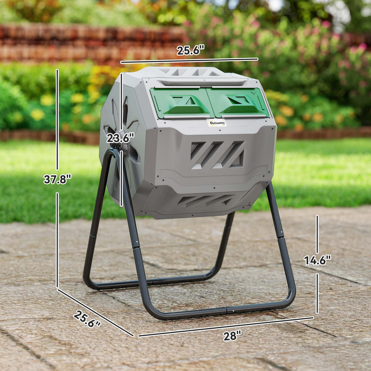 Tumbling Compost Bin Outdoor 360° Dual Chamber Rotating Composter 43 Gallon, Light Gray