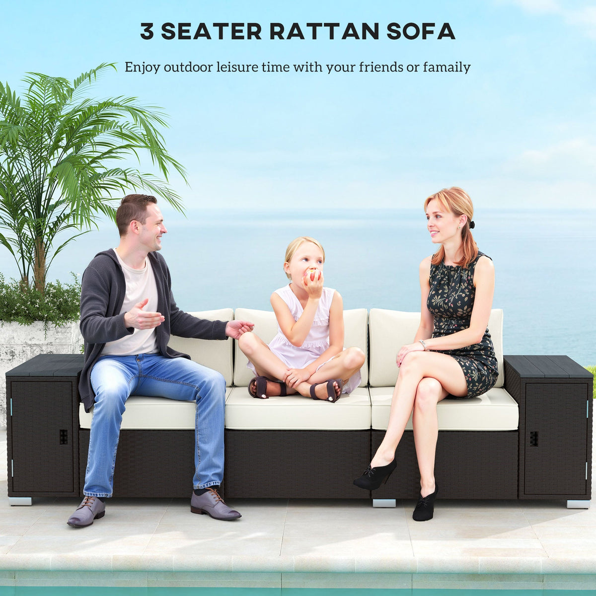 3 Seater Wicker Outdoor Couch Patio Sofa with Storage, Thickened Cushions and Wide Armrests for Porch Yard, Cream White
