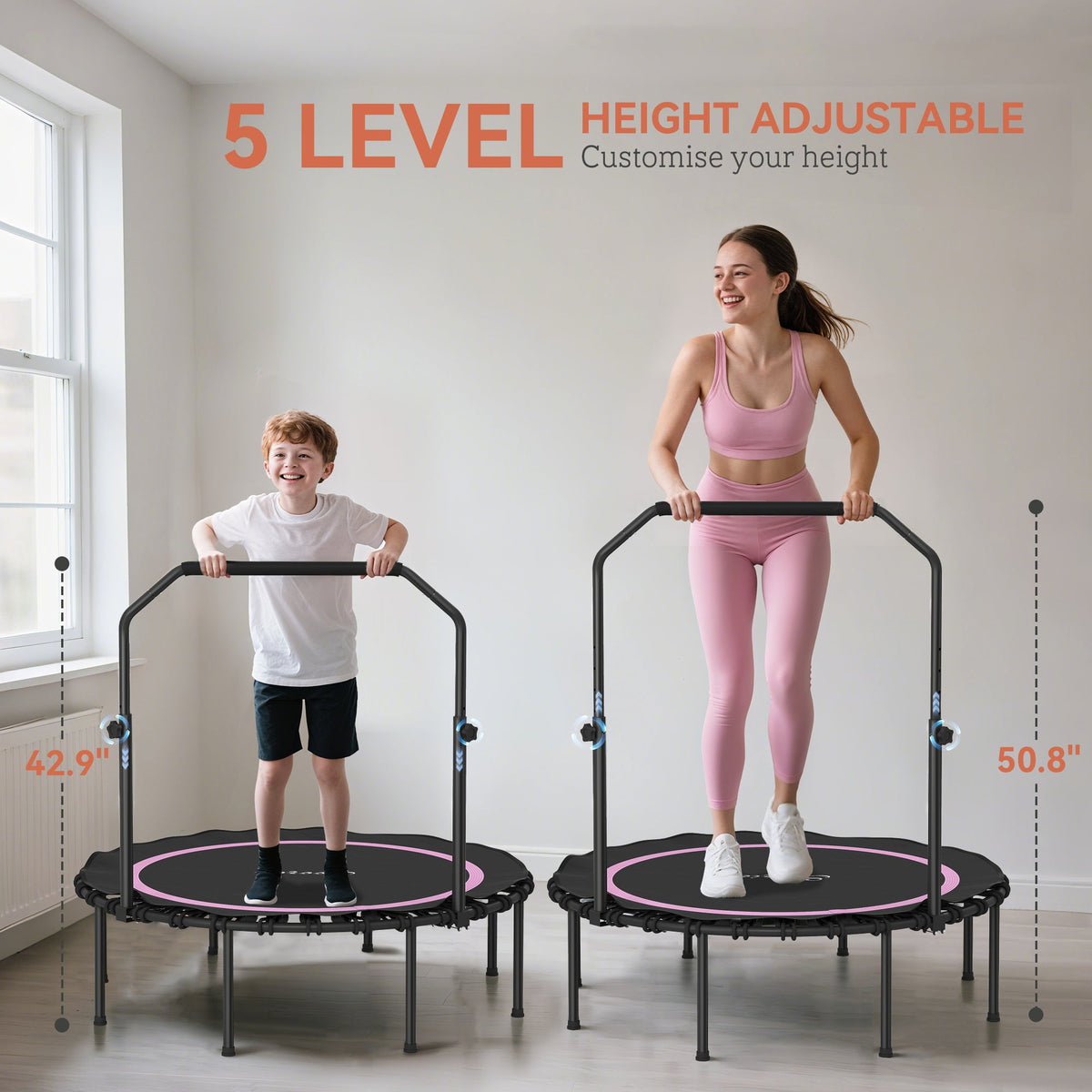 48" Rebounder Trampoline for Adults, Foldable Mini Trampoline with Adjustable Handle Bar for Indoor Outdoor, Pink