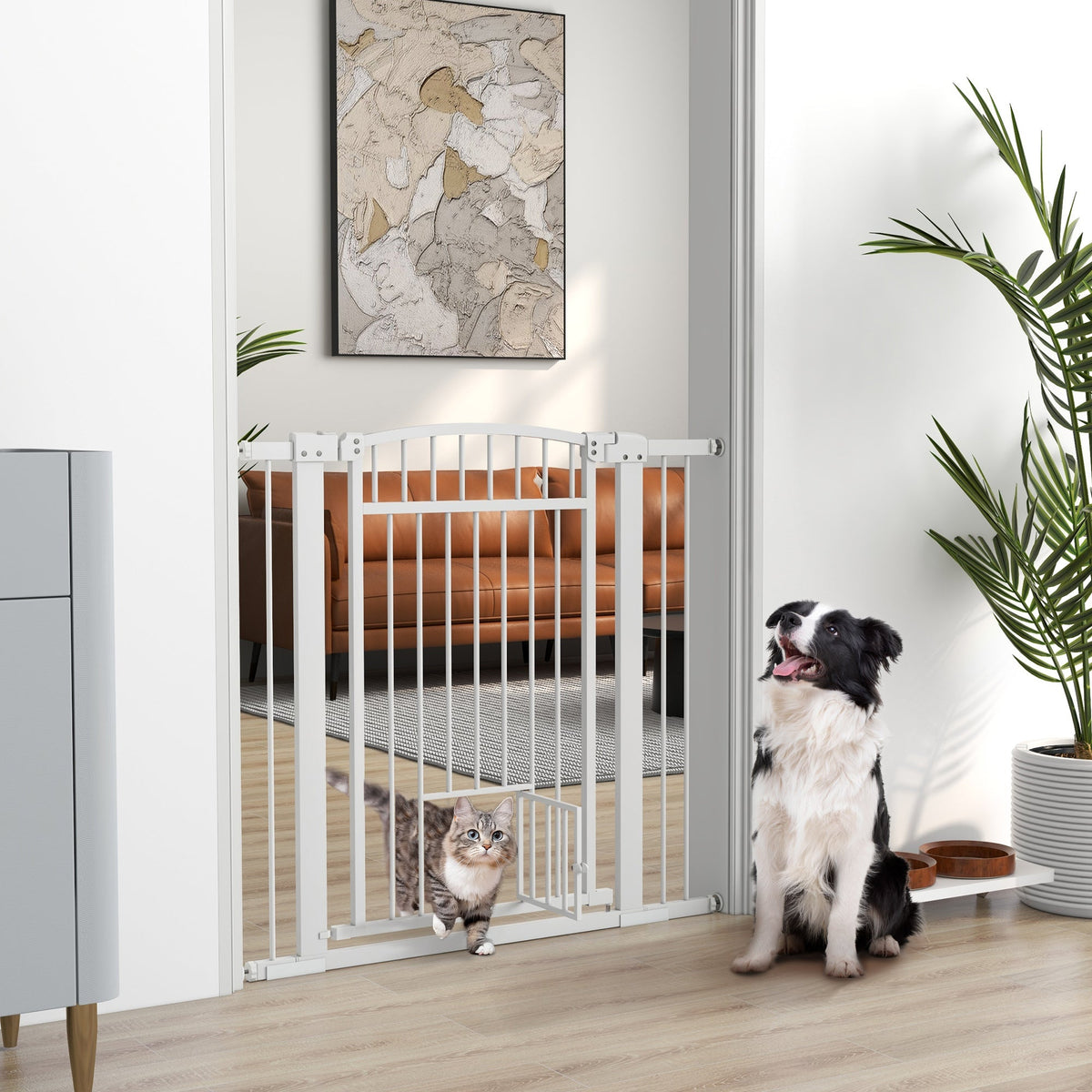 30"-41" Extra Wide Walk Through Dog Gate w/ Cat Door, 3-Inch & 5.5-Inch Extension Kits, 30" High