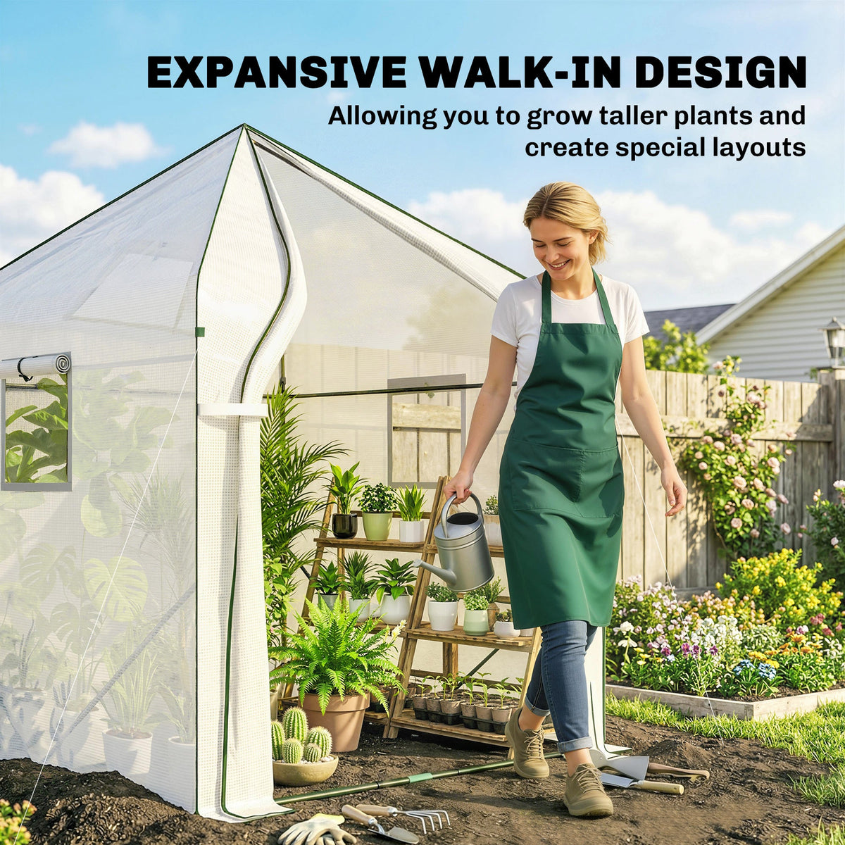 Walk-in Greenhouse, 63" x 63" x 78.7", Roll-Up Door, 3 Mesh Windows, PE Cover, Steel Frame, White