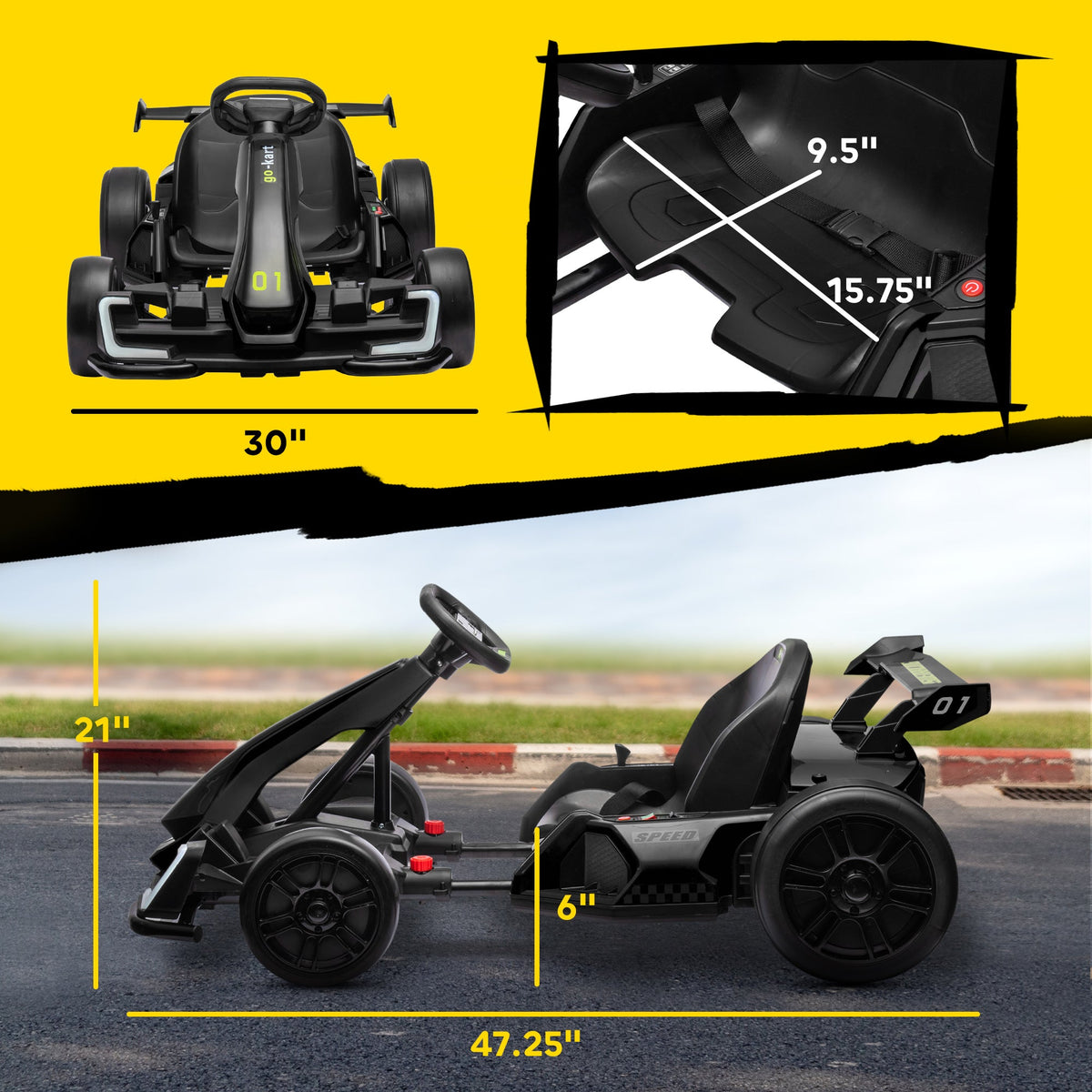 24V 7.5 MPH Electric Go Kart with Adjustable Seat, Slow Start, Black