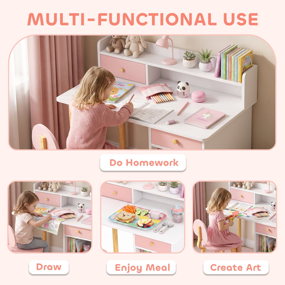 Kids Study Desk with Storage, Kids Desk and Chair Set for Bedroom & Study Room, Girls Boys Aged 3-8 Years, Pink