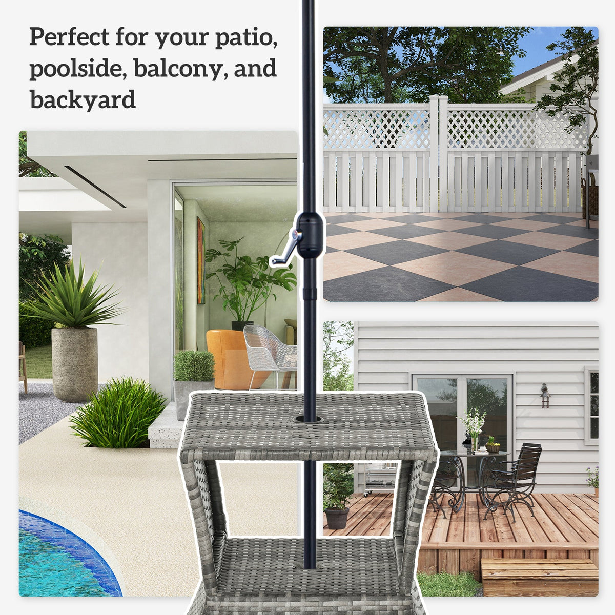 Outdoor Side Table with Umbrella Hole, 2 Tier Rattan Wicker End Table with Storage Shelf, All Weather