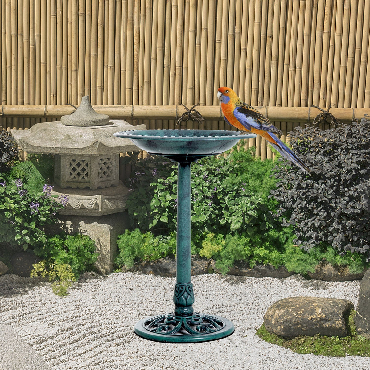 28'' Bird Bath Outdoor Resin Decor with Fleur De Lis Pattern, Time-Worn Finish