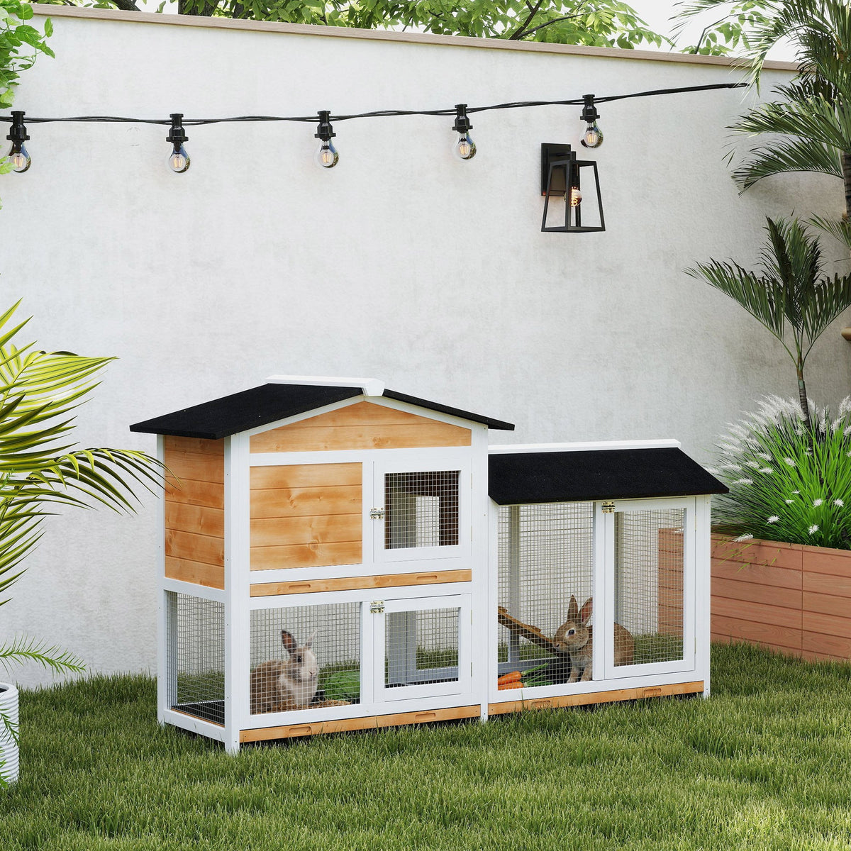 62" Rabbit Hutch, Wooden Bunny Hutch, Guinea Pig Cage, Small Animal Enclosure with Run Area, Removable Tray